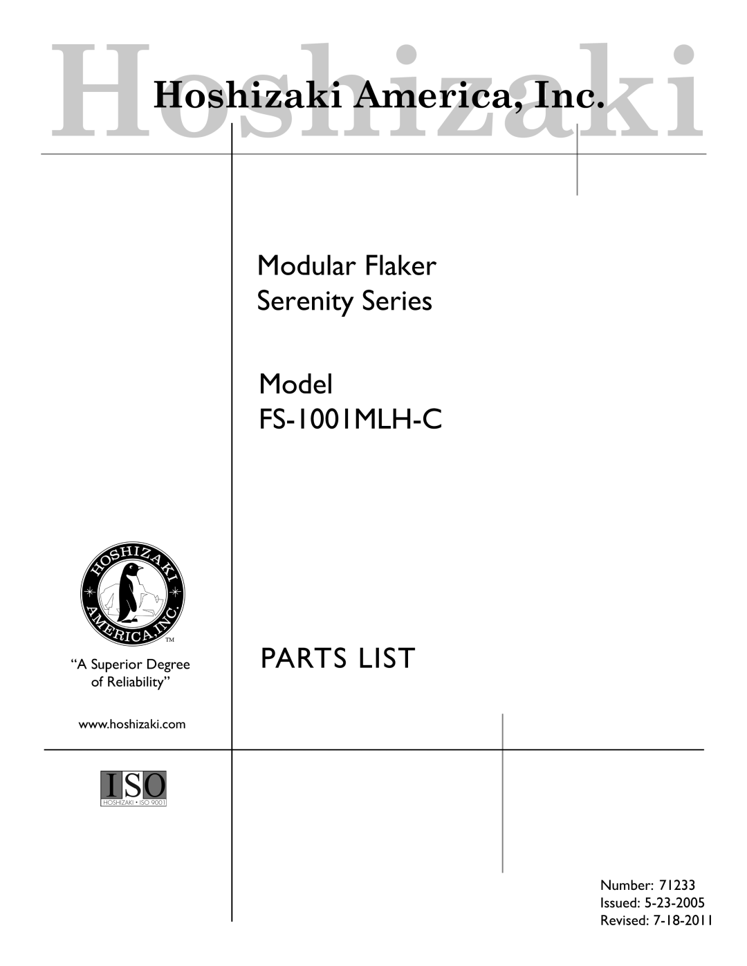 Hoshizaki FS-1001MLH-C manual Parts List 