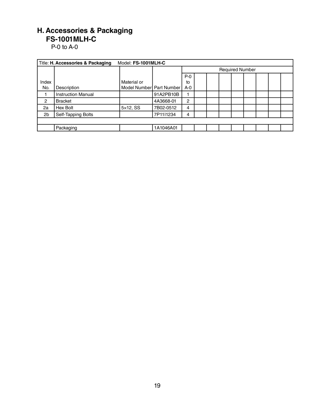 Hoshizaki manual Accessories & Packaging FS-1001MLH-C, Title H. Accessories & Packaging Model FS-1001MLH-C 