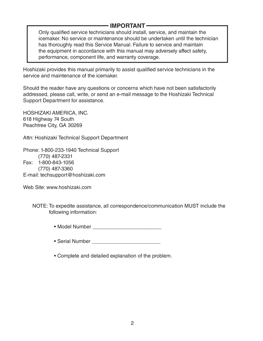 Hoshizaki FS-1022MLH-C service manual Hoshizaki AMERICA, INC 