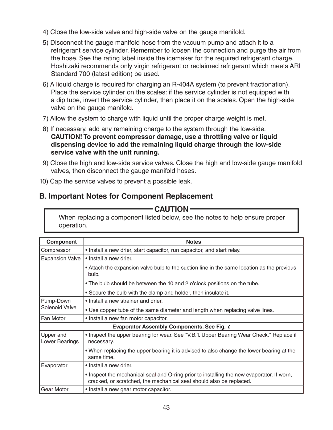 Hoshizaki FS-1022MLH-C service manual Important Notes for Component Replacement, Evaporator Assembly Components. See Fig 