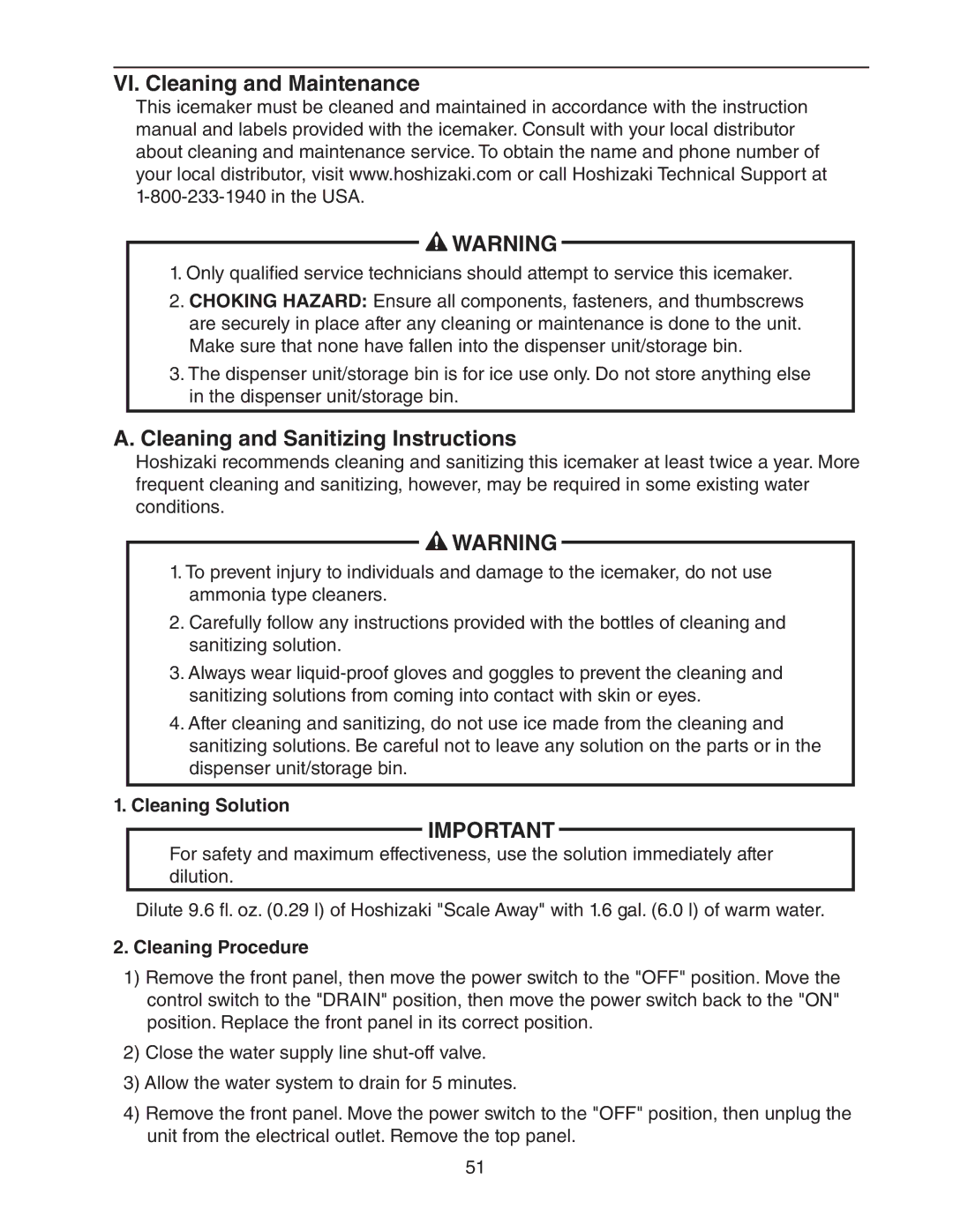 Hoshizaki FS-1022MLH-C service manual VI. Cleaning and Maintenance, Cleaning and Sanitizing Instructions, Cleaning Solution 