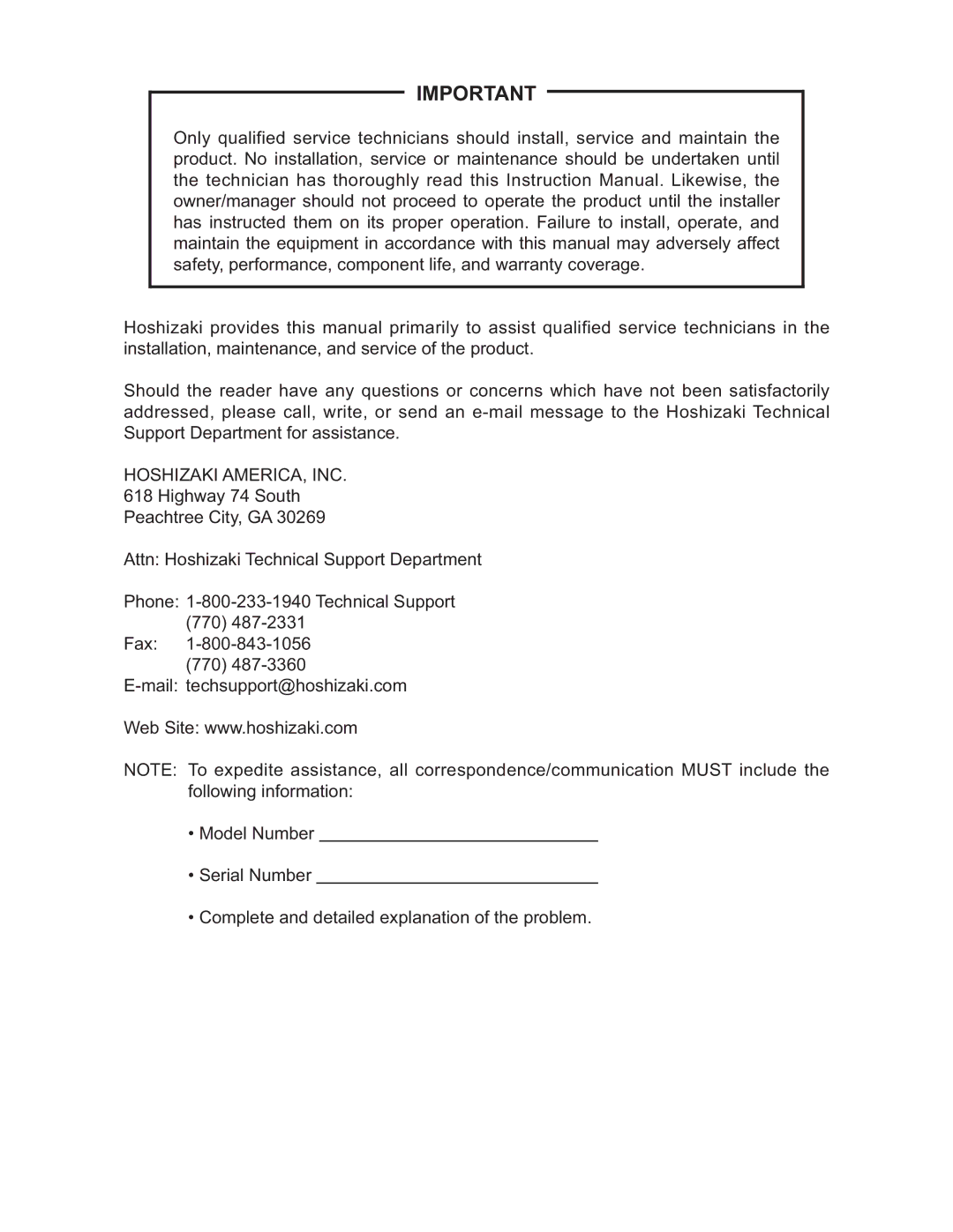 Hoshizaki HNC-120BA-L/R-S, HNC-210BA-L/R-S, HNC-150BA-L/R-S, HNC-180BA-L/R-S instruction manual Hoshizaki AMERICA, INC 