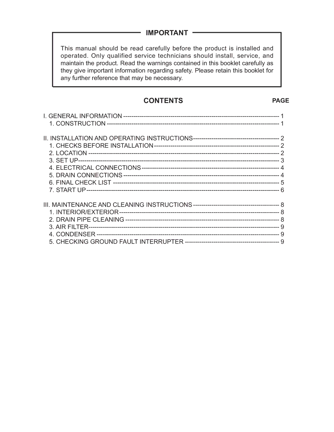 Hoshizaki HNC-180BA-L/R-S, HNC-210BA-L/R-S, HNC-150BA-L/R-S, HNC-120BA-L/R-S instruction manual Contents 