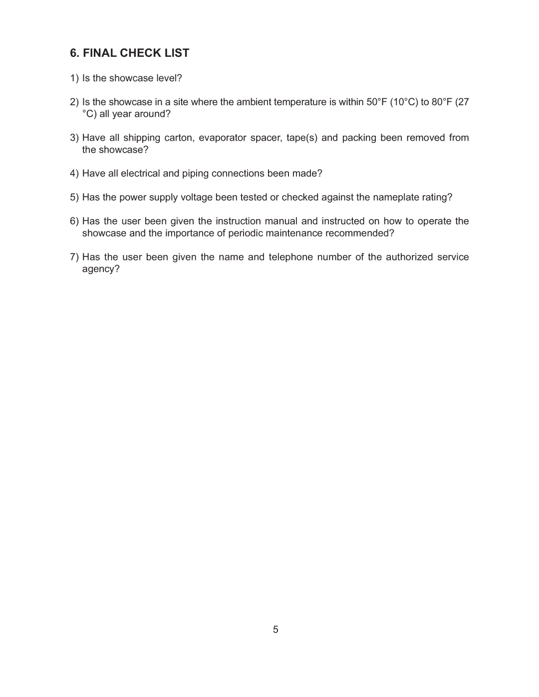 Hoshizaki HNC-210BA-L/R-S, HNC-150BA-L/R-S, HNC-120BA-L/R-S, HNC-180BA-L/R-S instruction manual Final Check List 