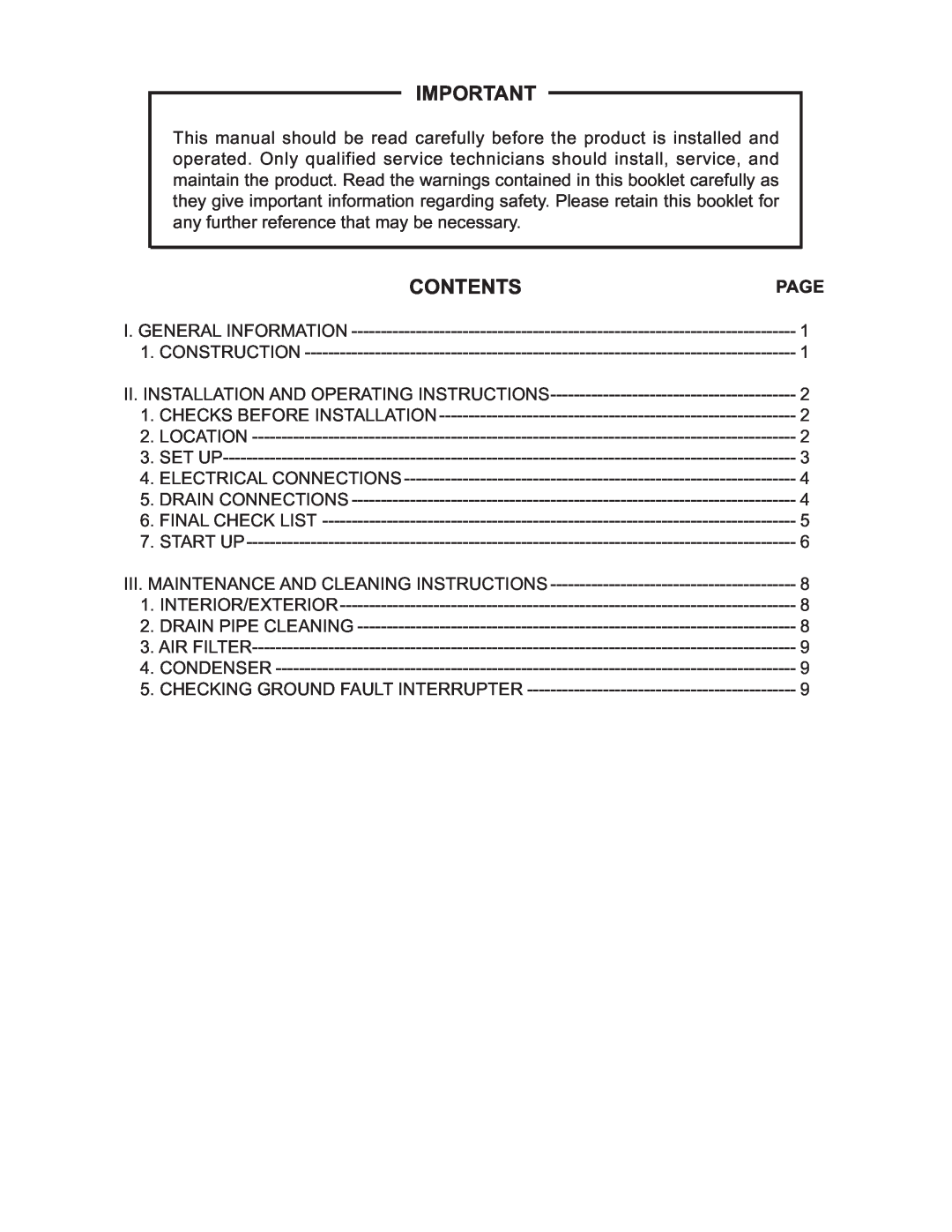 Hoshizaki HNC-180BA-L/R-S, HNC-210BA-L/R-S, HNC-150BA-L/R-S, HNC-120BA-L/R-S instruction manual Contents, Page 