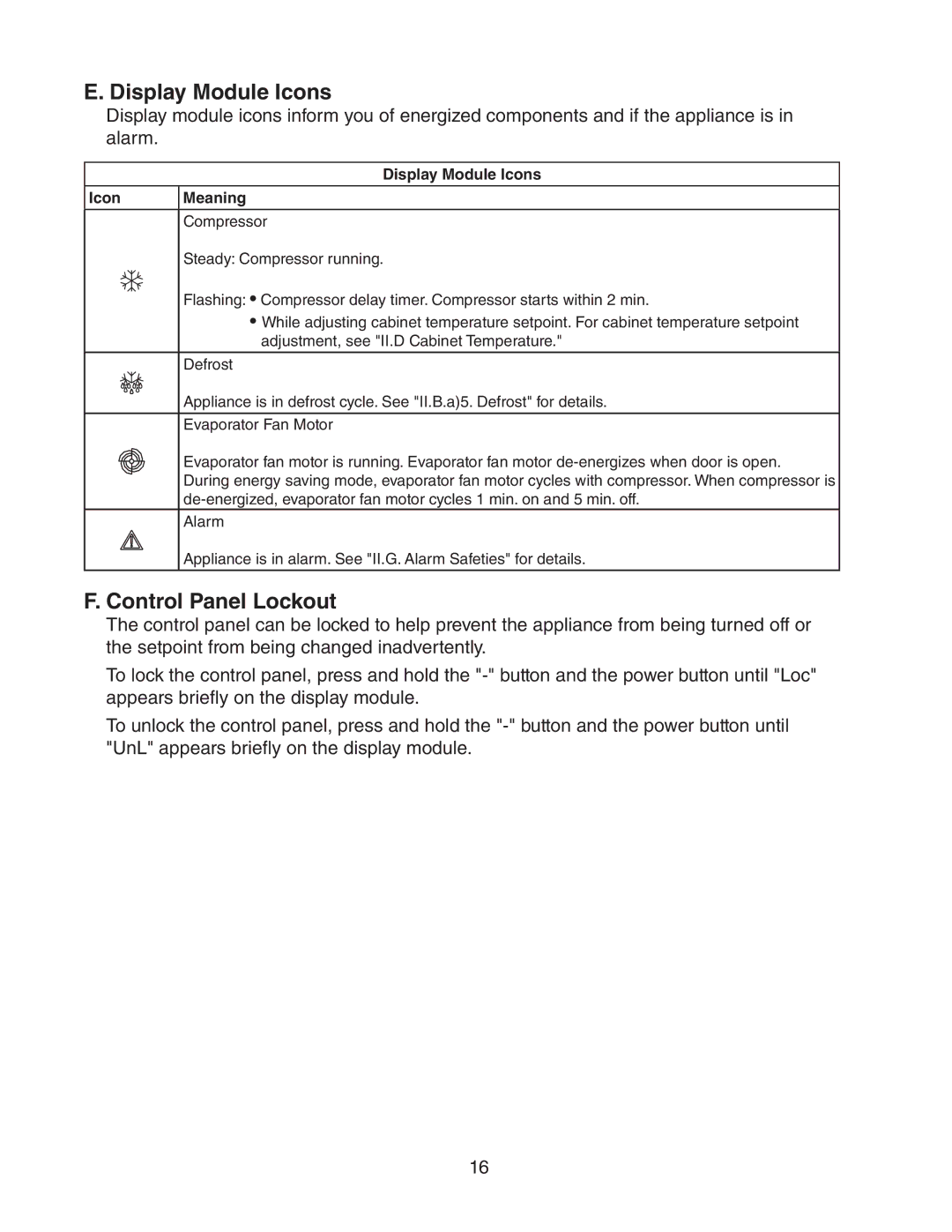 Hoshizaki HR24A service manual Display Module Icons, Control Panel Lockout 