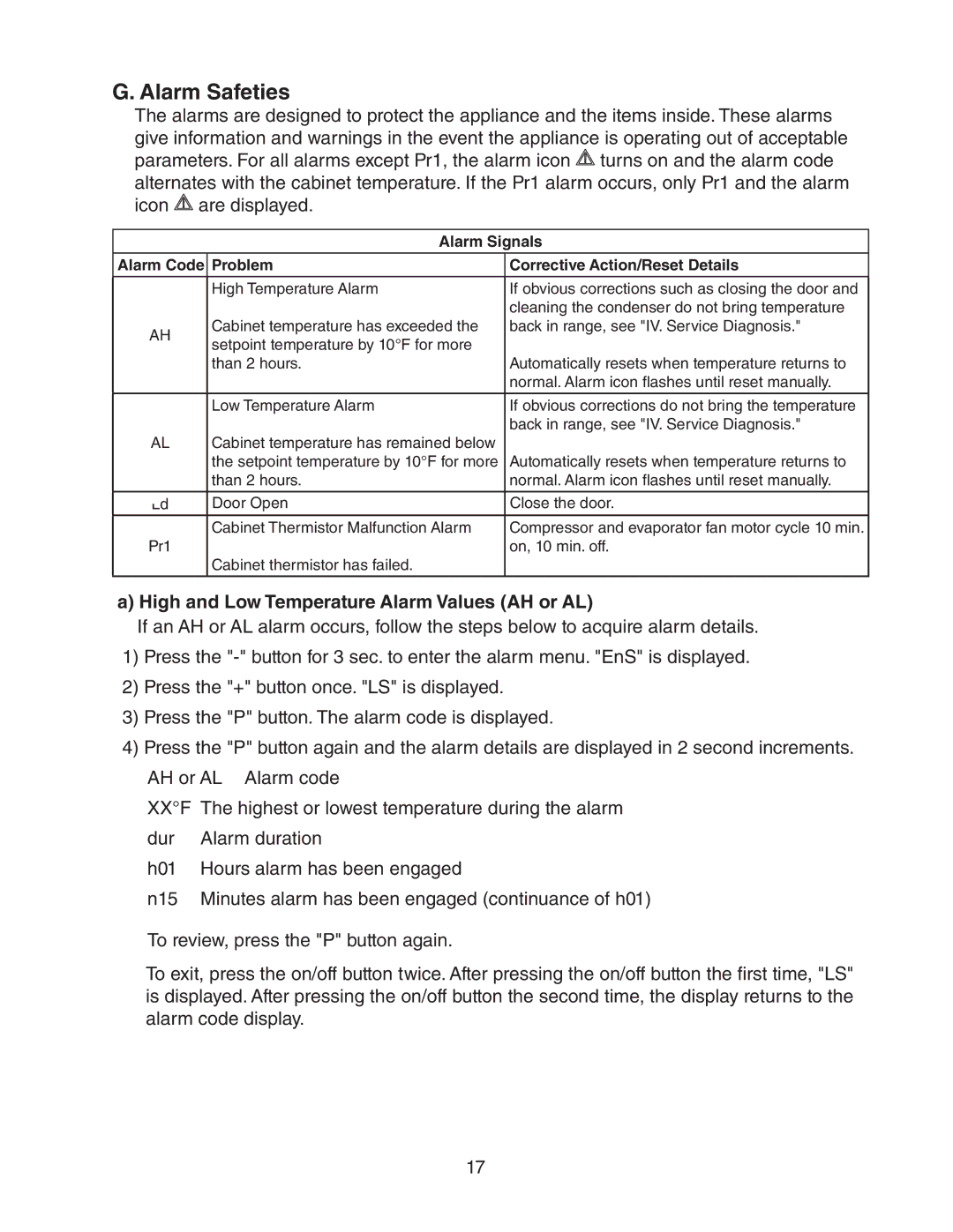 Hoshizaki HR24A service manual Alarm Safeties, High and Low Temperature Alarm Values AH or AL 