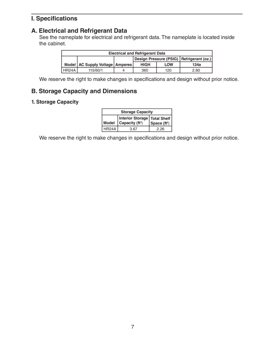 Hoshizaki HR24A service manual Specifications Electrical and Refrigerant Data, Storage Capacity and Dimensions 