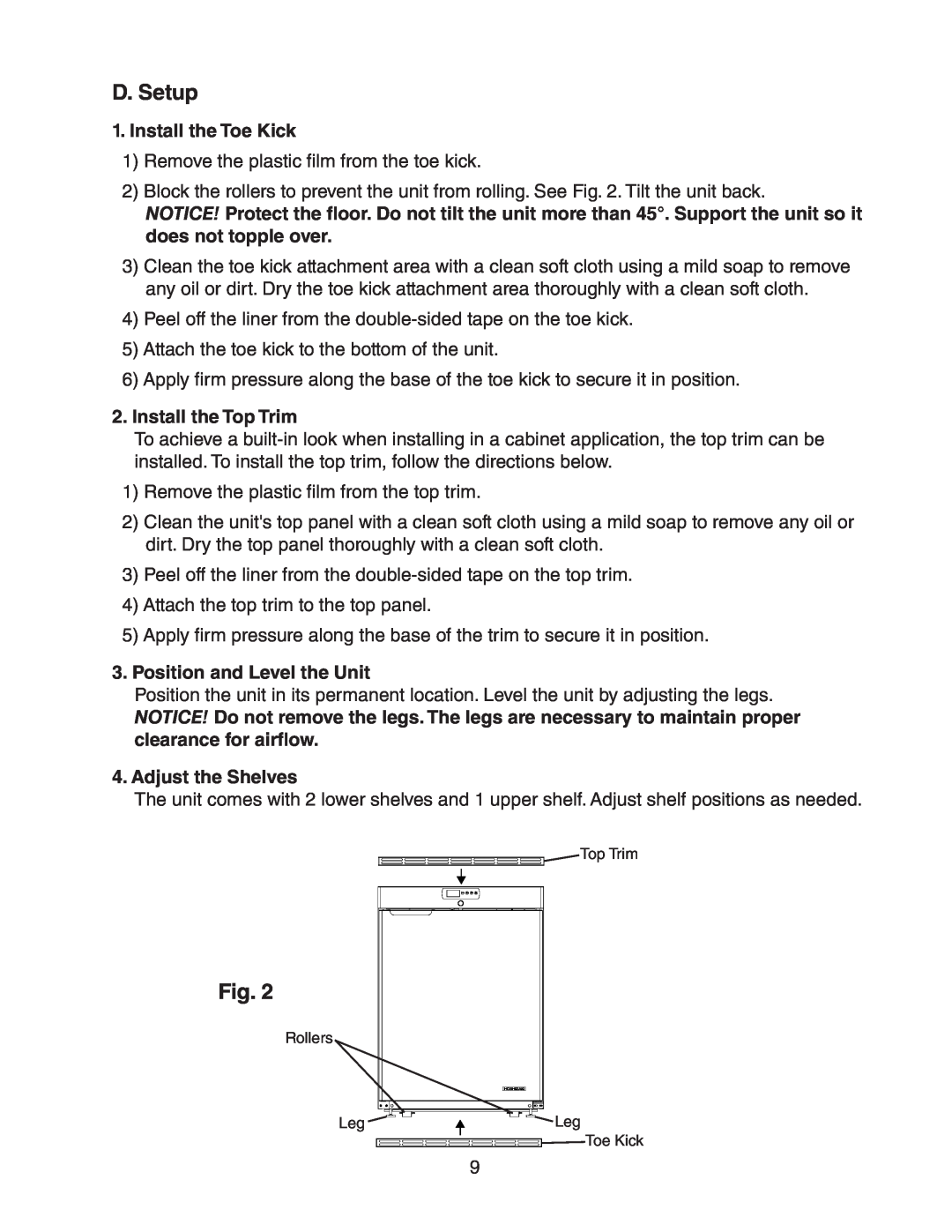 Hoshizaki HR24A D. Setup, Install the Toe Kick, Install the Top Trim, Position and Level the Unit, Adjust the Shelves, Fig 