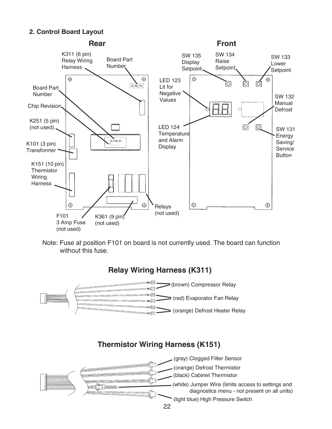 Hoshizaki HUR68A(-D) Rear, Front, Relay Wiring Harness K311, Thermistor Wiring Harness K151, Control Board Layout 