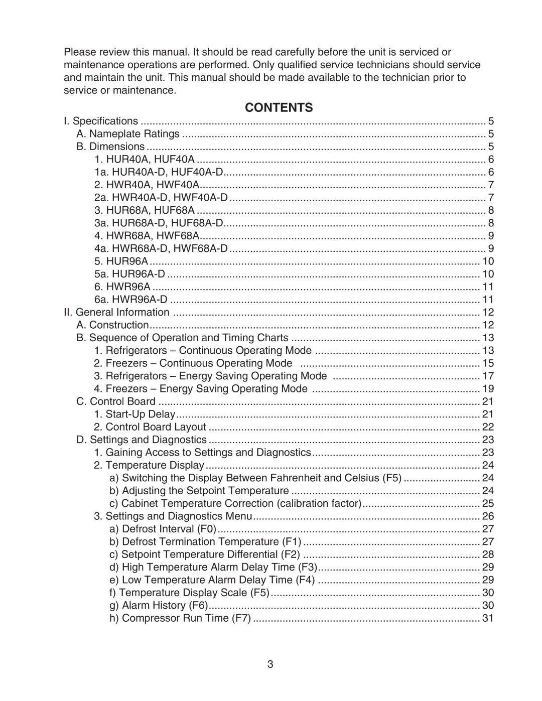 Hoshizaki HUR40A(-D), HWR40A(-D), HUR96A(-D), HUR68A(-D), HWR68A(-D) service manual Contents 