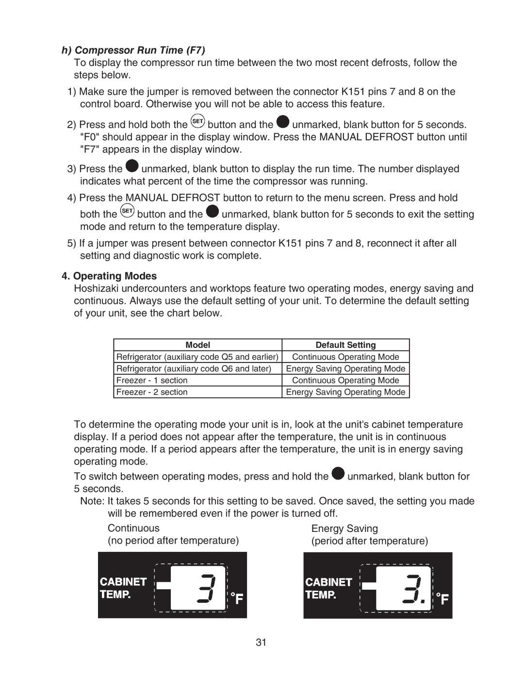 Hoshizaki HUR96A(-D), HWR40A(-D), HUR68A(-D), HUR40A(-D), HWR68A(-D) service manual Compressor Run Time F7, Operating Modes 