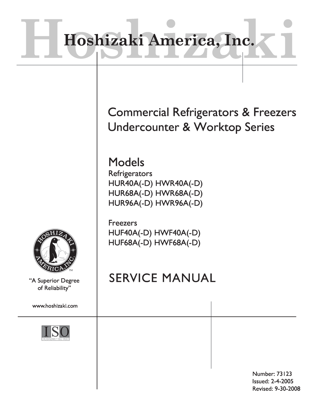 Hoshizaki HUR96A(-D), HWR40A(-D), HUR68A(-D) service manual Models, Service Manual, HoshizakiHoshizaki America, Inc 