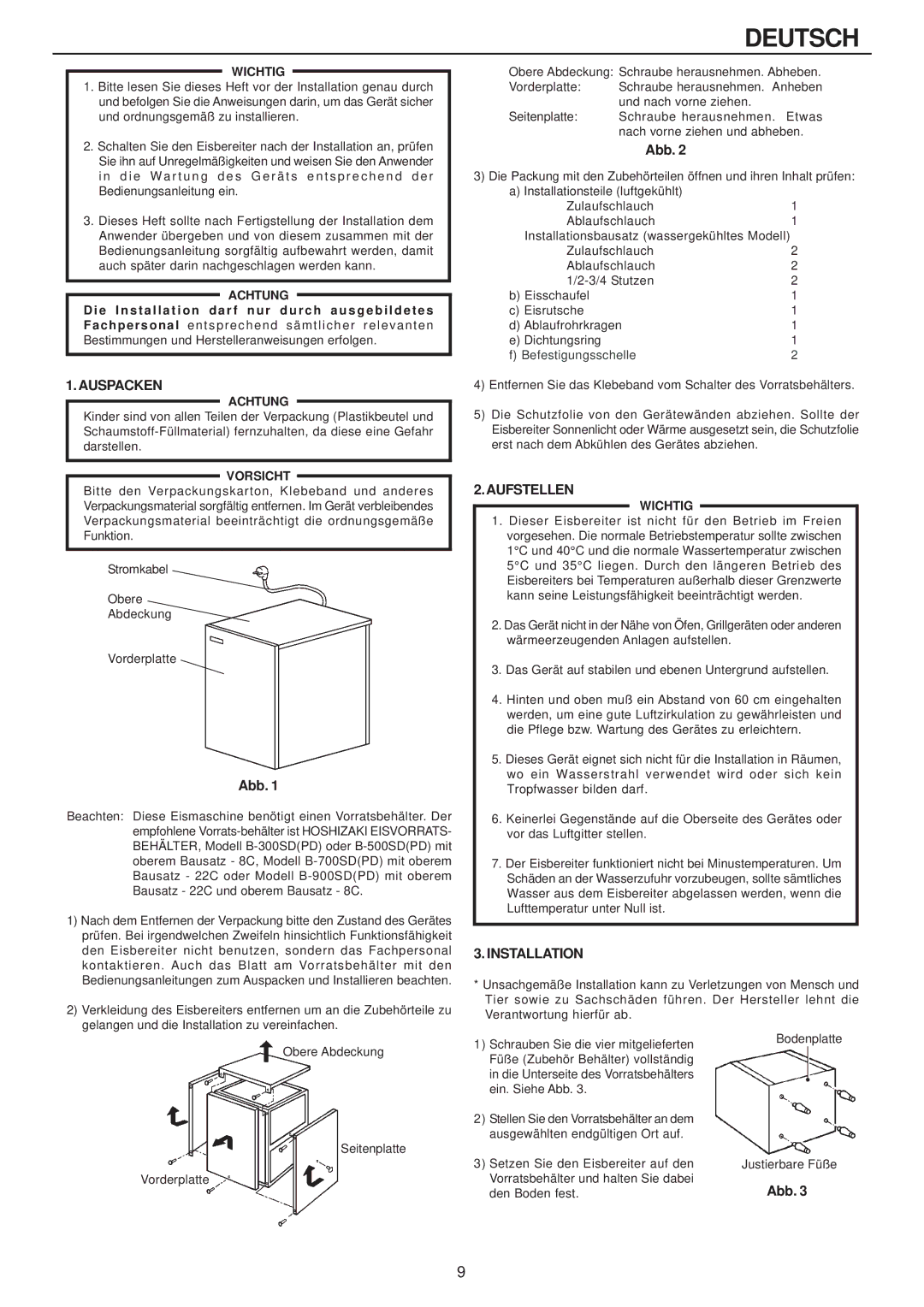 Hoshizaki IM-240AME, IM-240AWME installation manual Deutsch, Auspacken, Aufstellen 