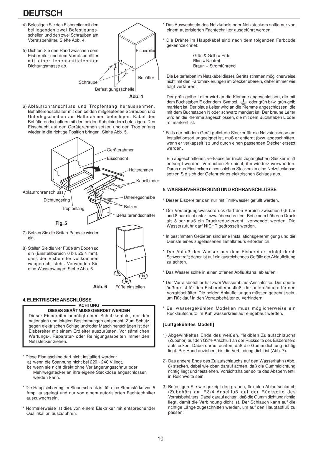 Hoshizaki IM-240AWME, IM-240AME installation manual Wasserversorgungundrohranschlüsse, Luftgekühltes Modell 