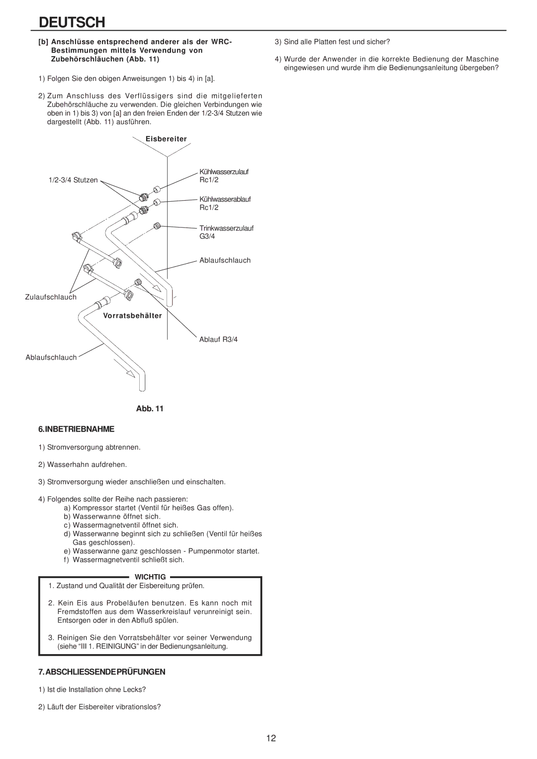 Hoshizaki IM-240AWME, IM-240AME installation manual Inbetriebnahme, Abschliessendeprüfungen 