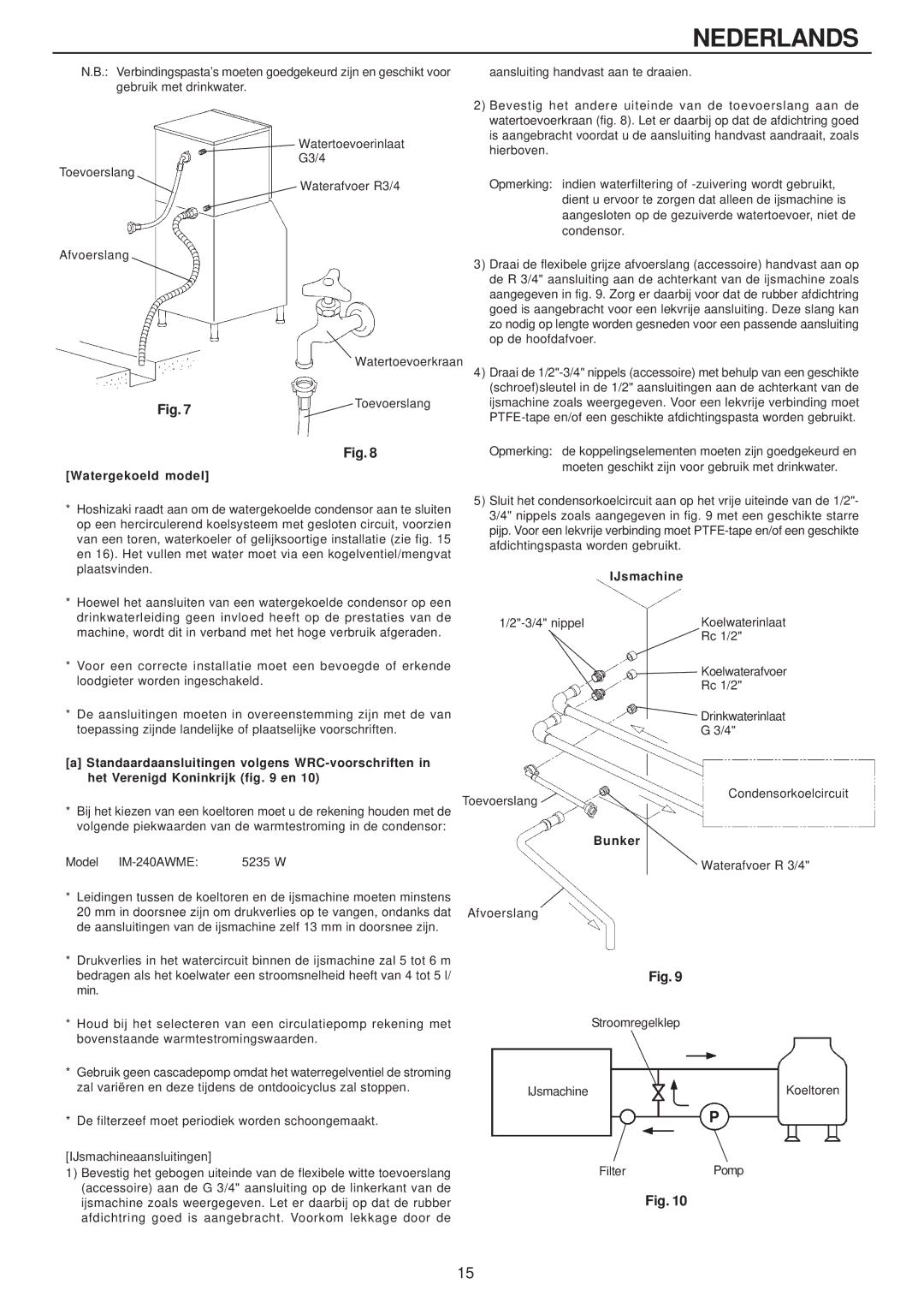 Hoshizaki IM-240AME, IM-240AWME installation manual Watergekoeld model, IJsmachine, Bunker 