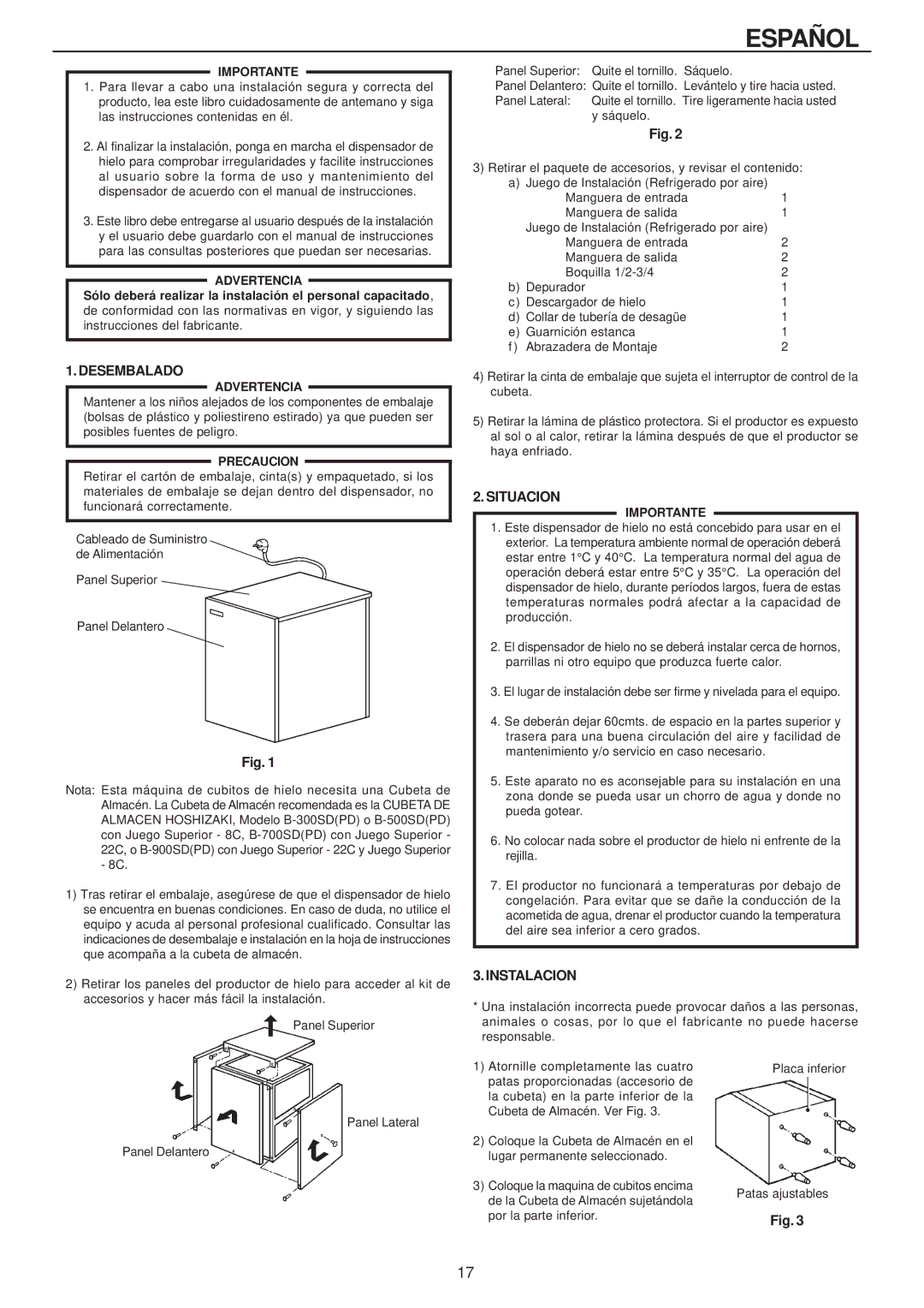 Hoshizaki IM-240AME, IM-240AWME installation manual Español, Instalacion, Importante, Advertencia, Precaucion 