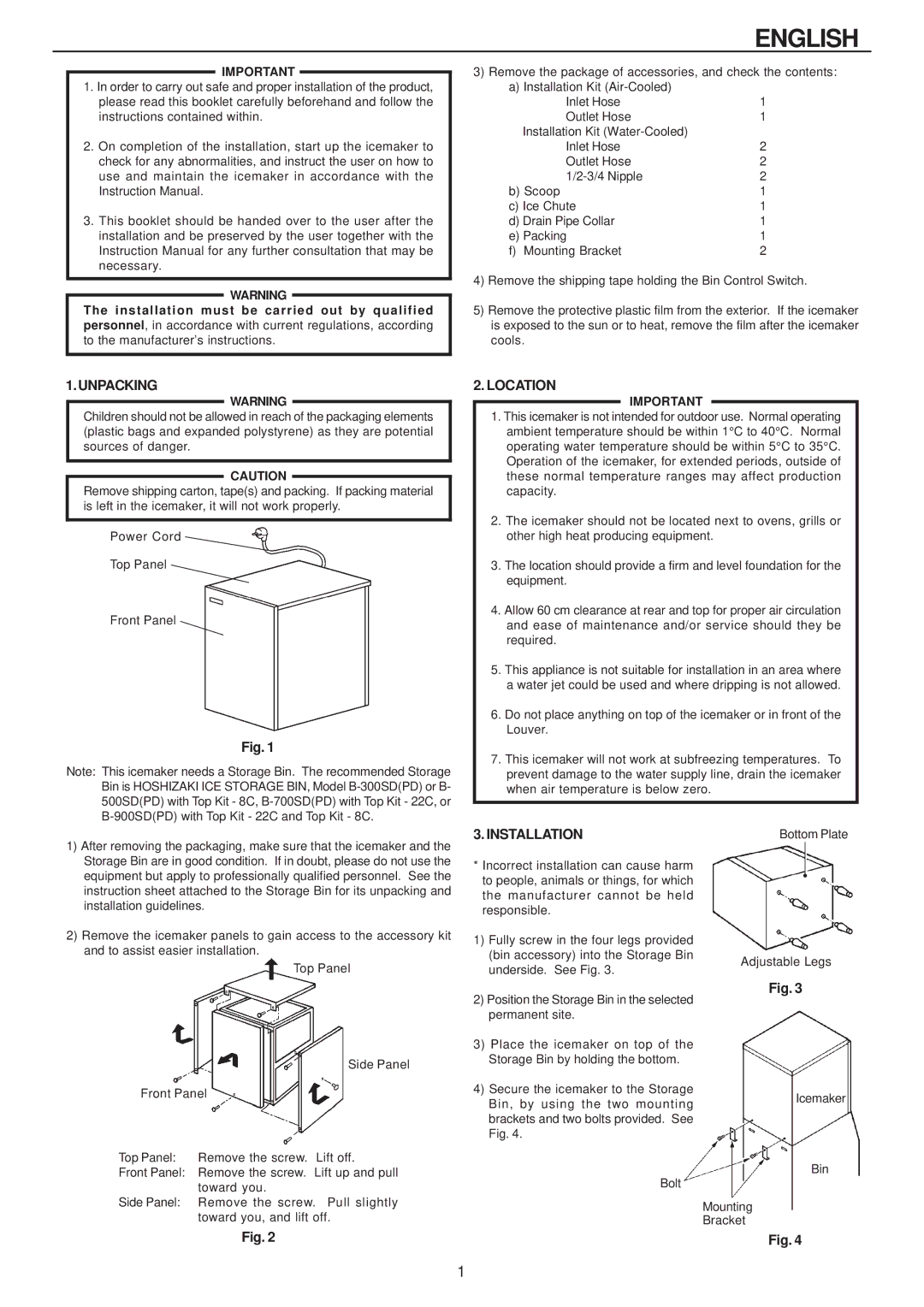 Hoshizaki IM-240AME, IM-240AWME installation manual English, Unpacking, Location, Installation 