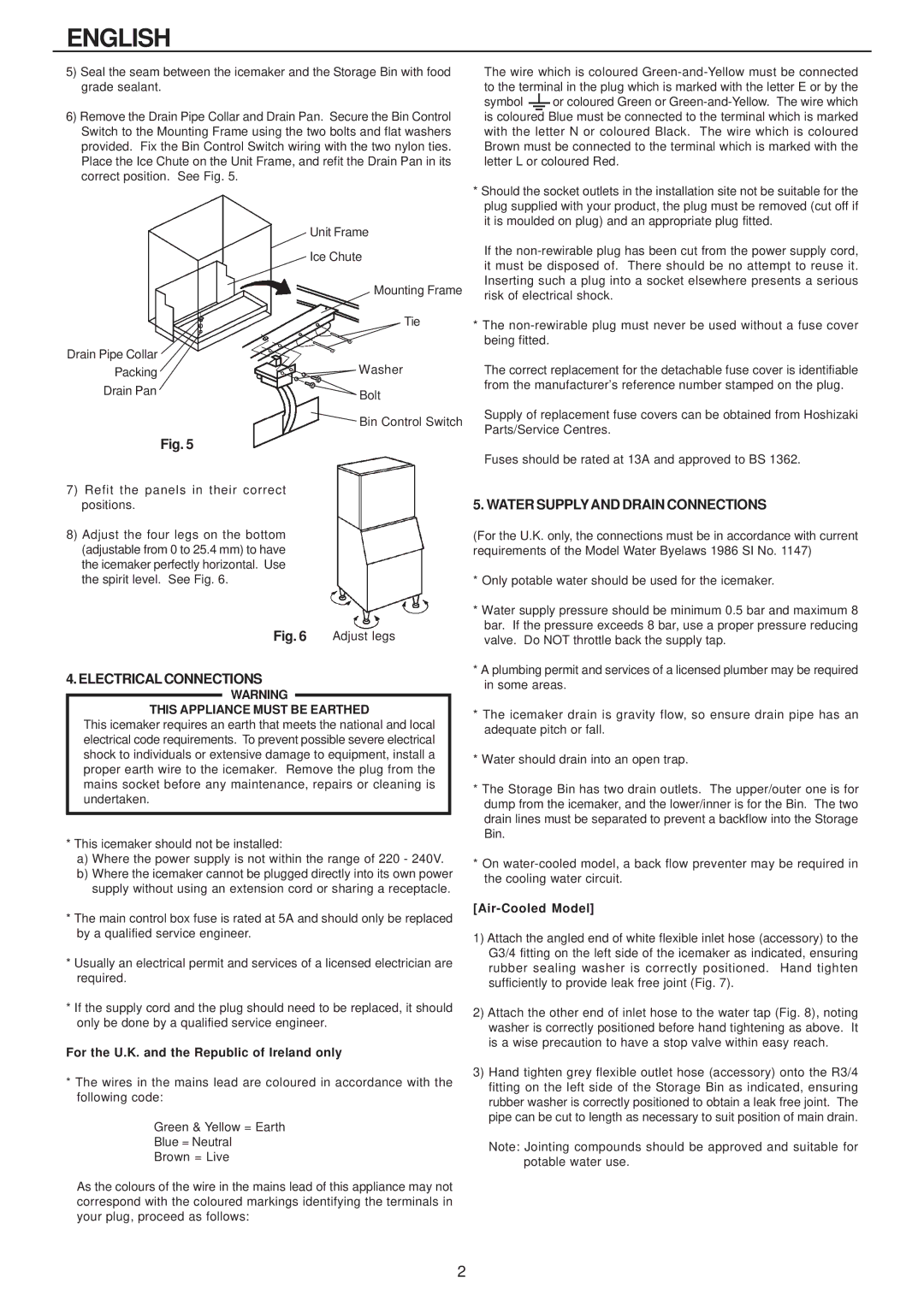 Hoshizaki IM-240AWME Water Supplyand Drain Connections, For the U.K. and the Republic of Ireland only, Air-Cooled Model 