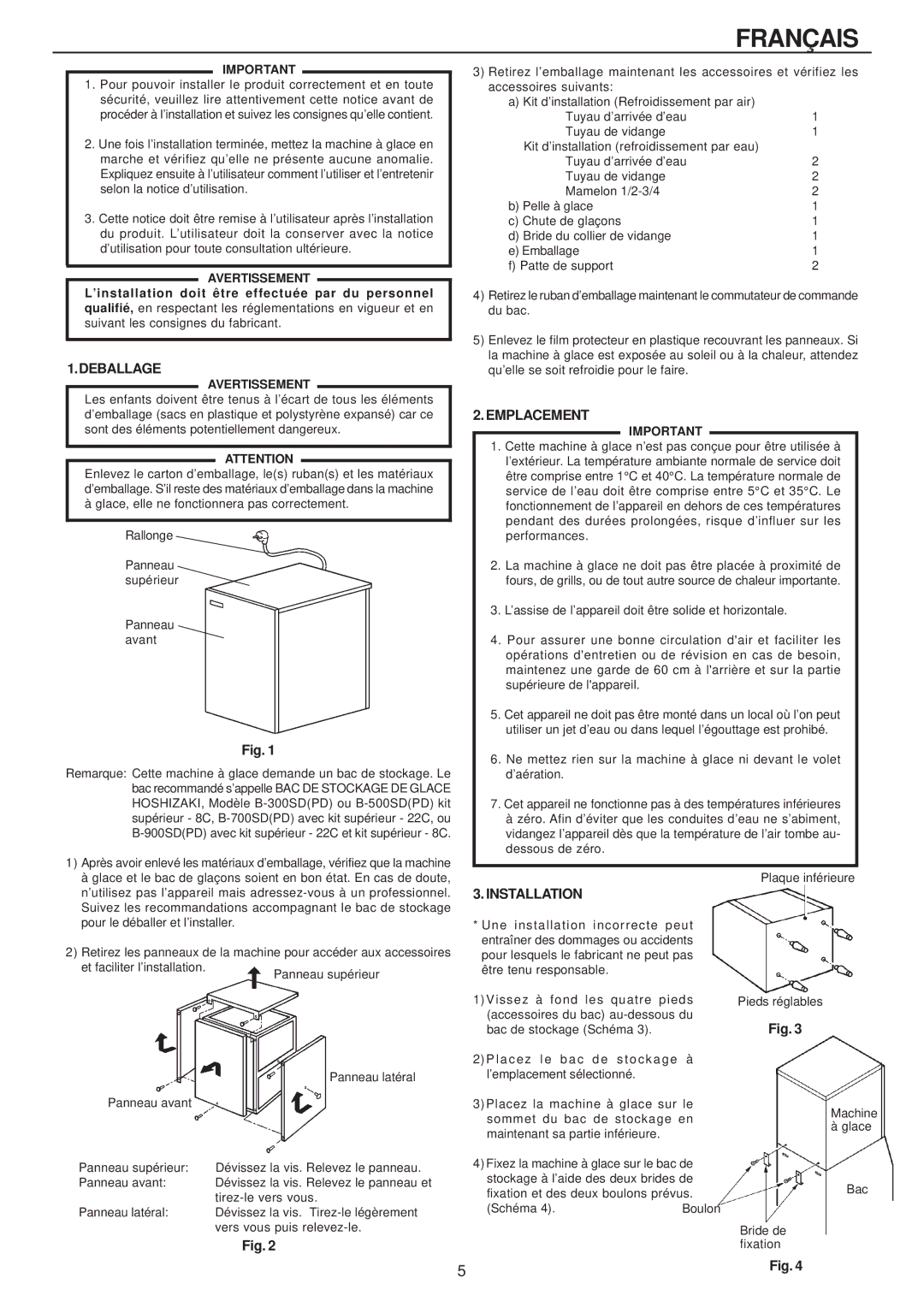 Hoshizaki IM-240AME, IM-240AWME installation manual Français, Deballage, Emplacement, Avertissement 