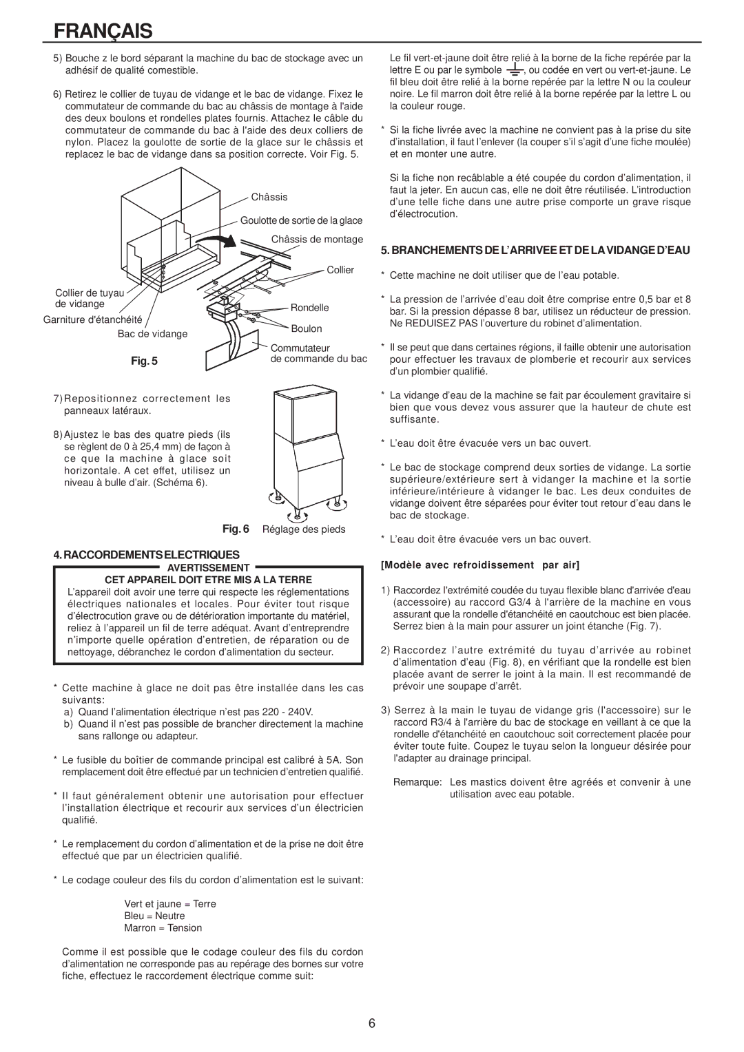 Hoshizaki IM-240AWME, IM-240AME Branchements DE L’ARRIVEE ET DE Lavidange D’EAU, Modèle avec refroidissement par air 