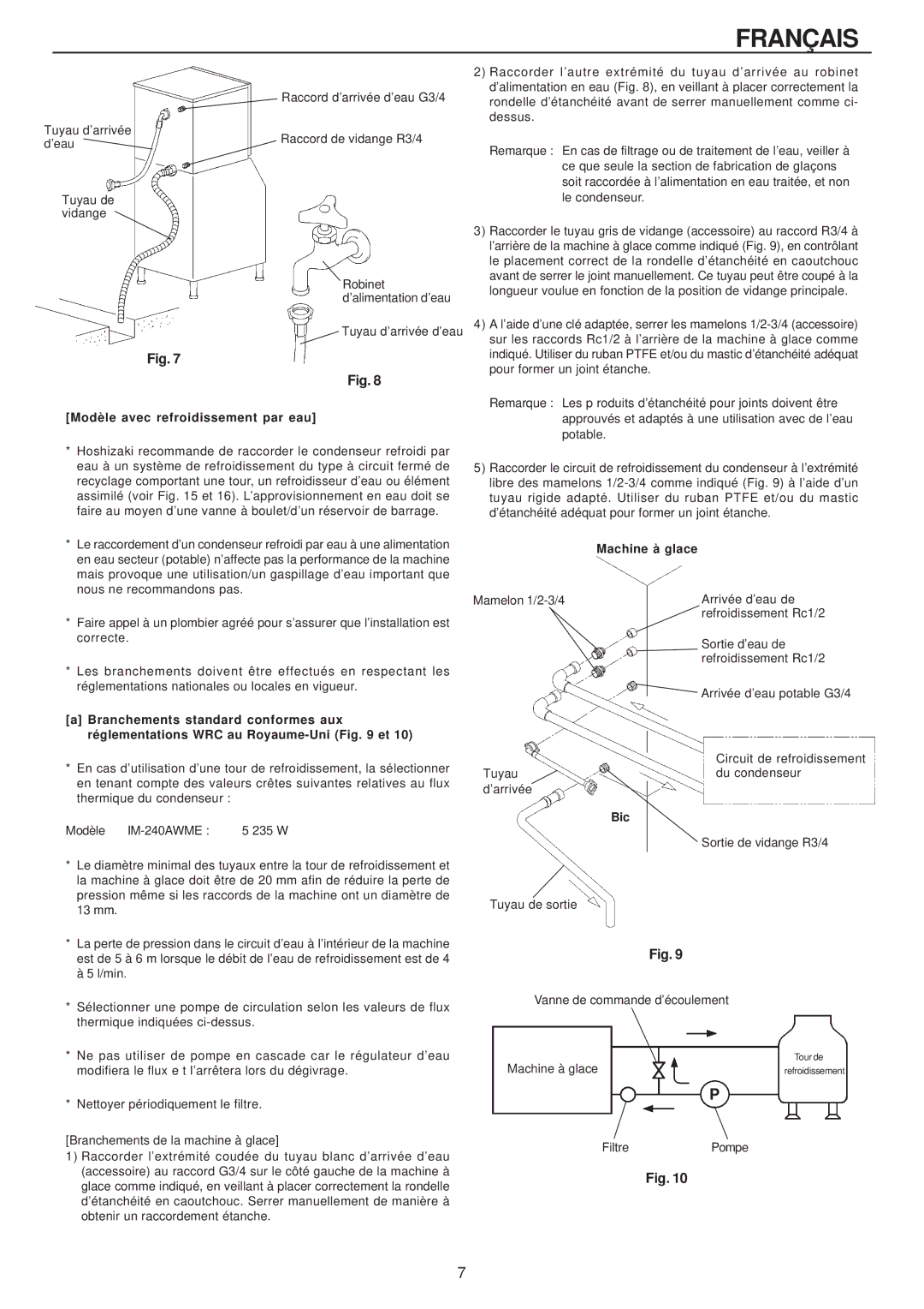 Hoshizaki IM-240AME, IM-240AWME installation manual Modèle avec refroidissement par eau, Machine à glace, Bic 