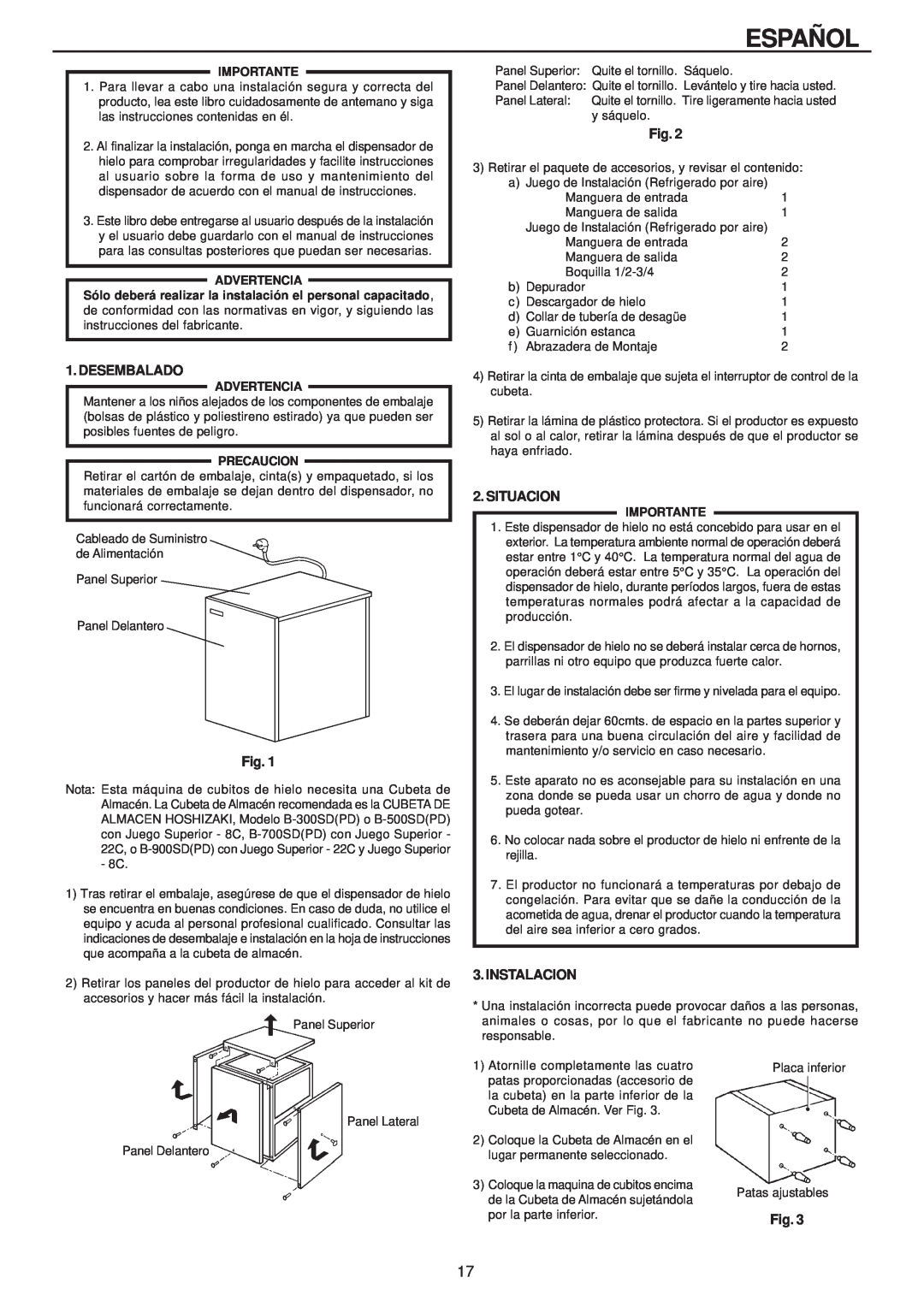 Hoshizaki IM-240AME, IM-240AWME installation manual Español, Instalacion, Importante, Advertencia, Precaucion 