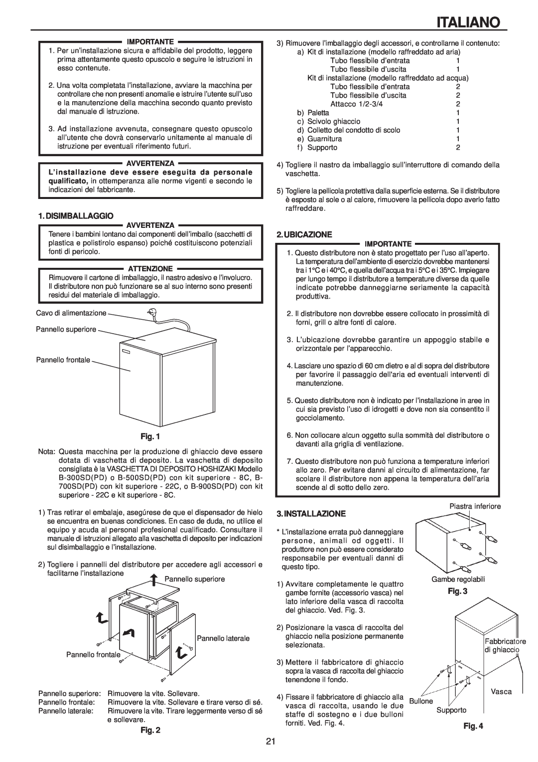 Hoshizaki IM-240AME, IM-240AWME installation manual Italiano, Installazione, Avvertenza, Attenzione, Importante 