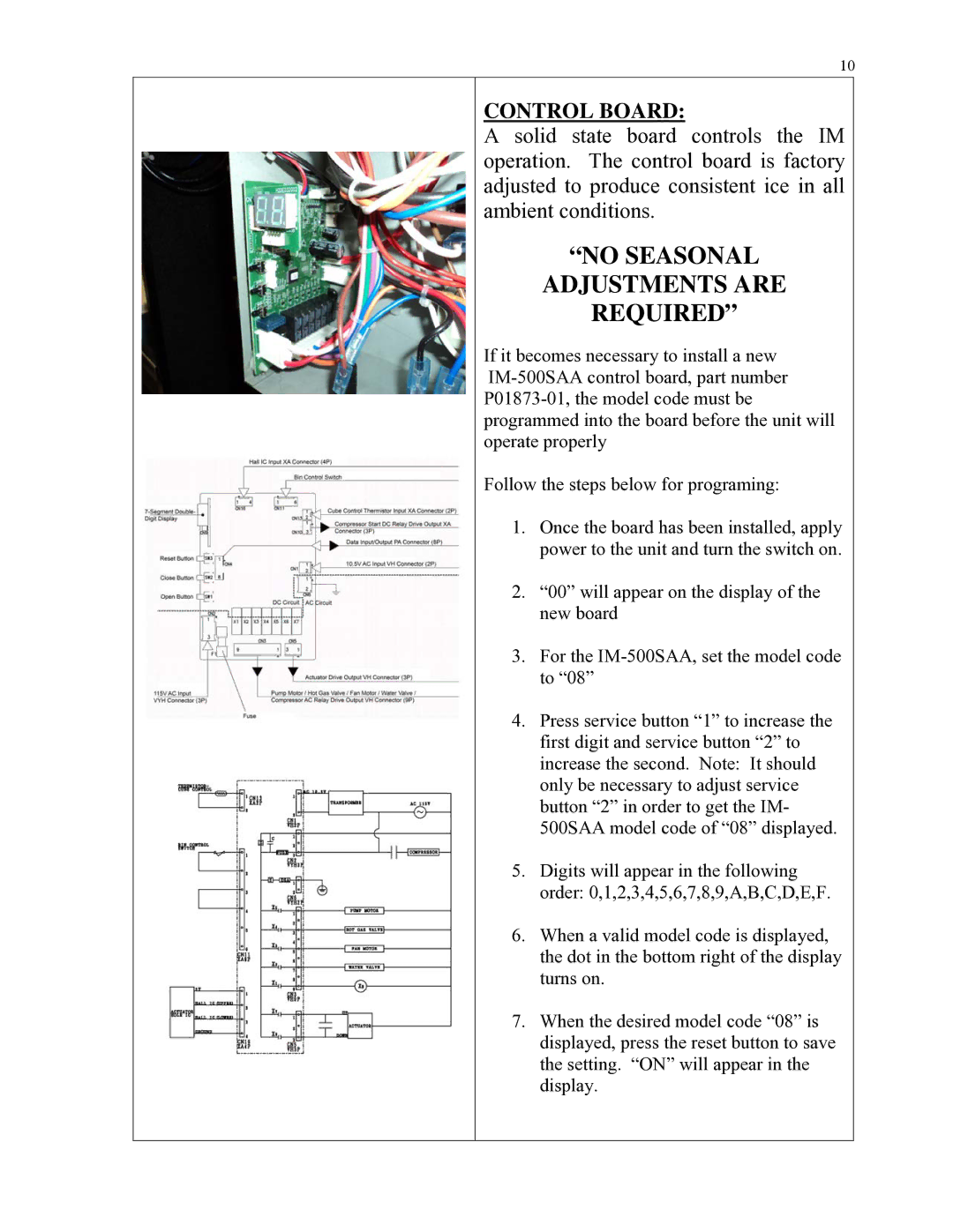 Hoshizaki IM-500SAA manual No Seasonal Adjustments are Required, Control Board 