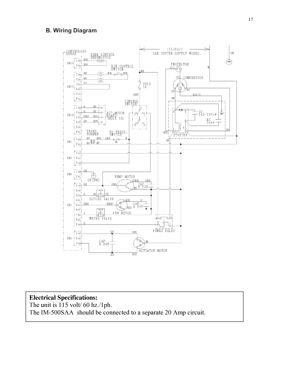 Hoshizaki IM-500SAA manual Electrical Specifications 