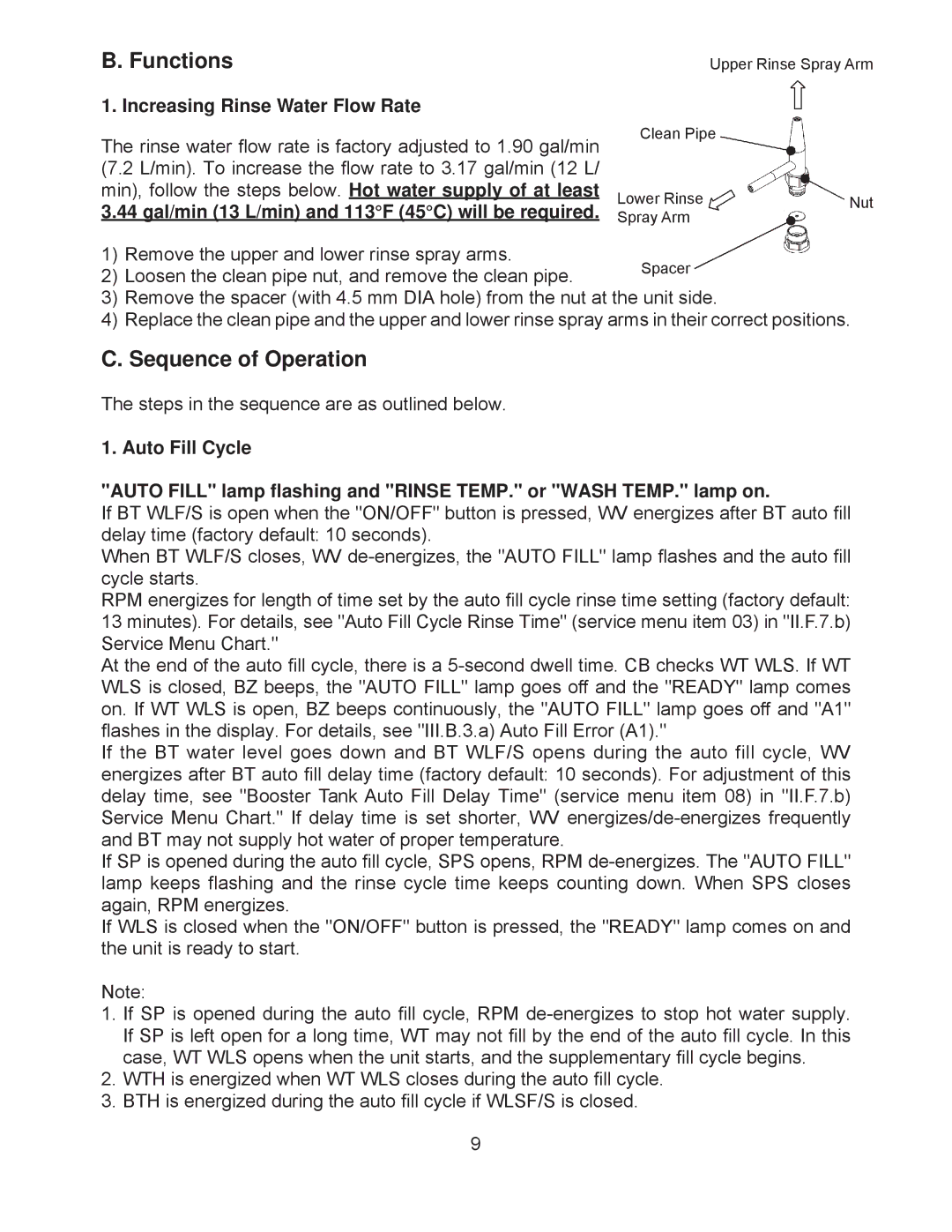 Hoshizaki JWE-24000CUA-L-25B, JWE-2400CUA-R-25B Functions, Sequence of Operation, Increasing Rinse Water Flow Rate 