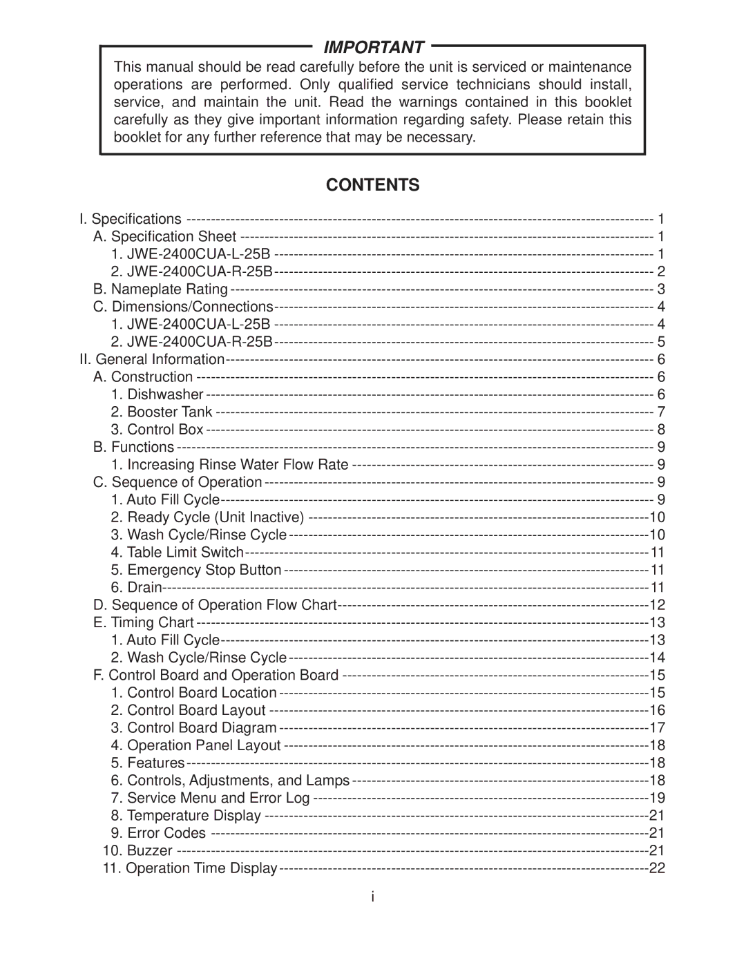 Hoshizaki JWE-2400CUA-R-25B, JWE-24000CUA-L-25B service manual Contents 