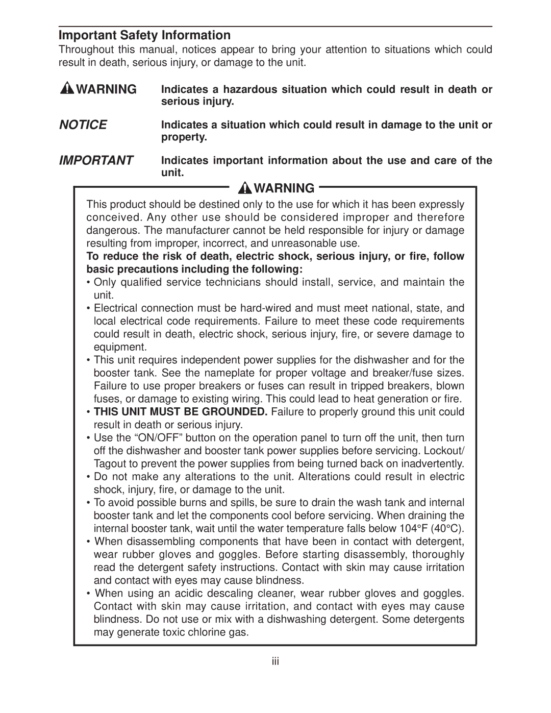 Hoshizaki JWE-2400CUA-R-25B, JWE-24000CUA-L-25B service manual Important Safety Information, Serious injury, Property, Unit 