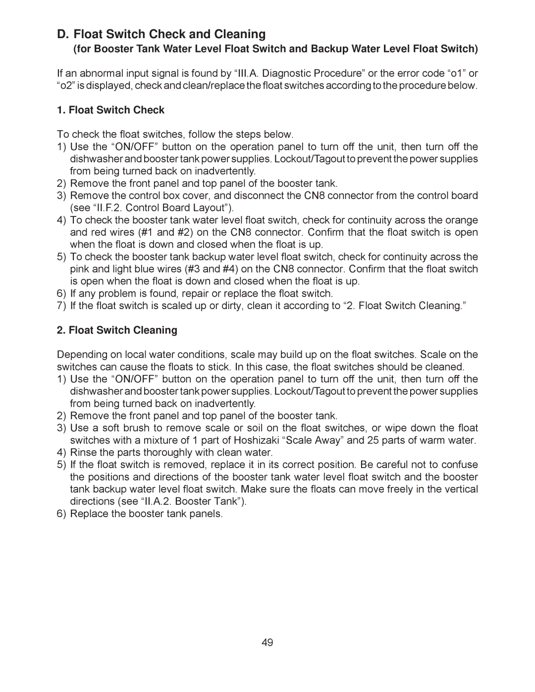 Hoshizaki JWE-24000CUA-L-25B, JWE-2400CUA-R-25B service manual Float Switch Check and Cleaning, Float Switch Cleaning 
