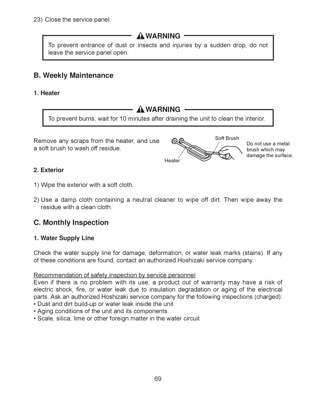 Hoshizaki JWE-24000CUA-L-25B service manual Weekly Maintenance, Monthly Inspection, Heater, Exterior, Water Supply Line 