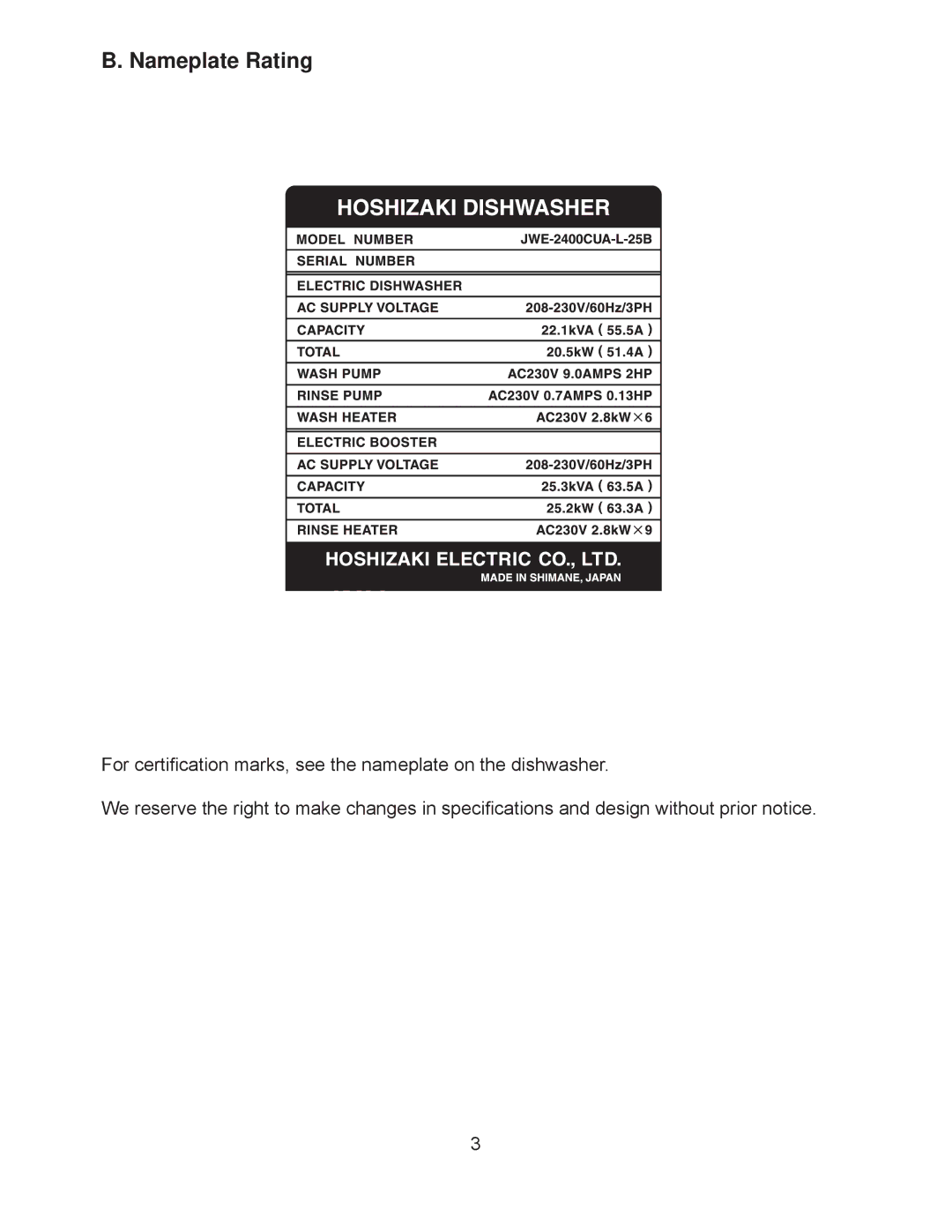 Hoshizaki JWE-24000CUA-L-25B, JWE-2400CUA-R-25B service manual Nameplate Rating 