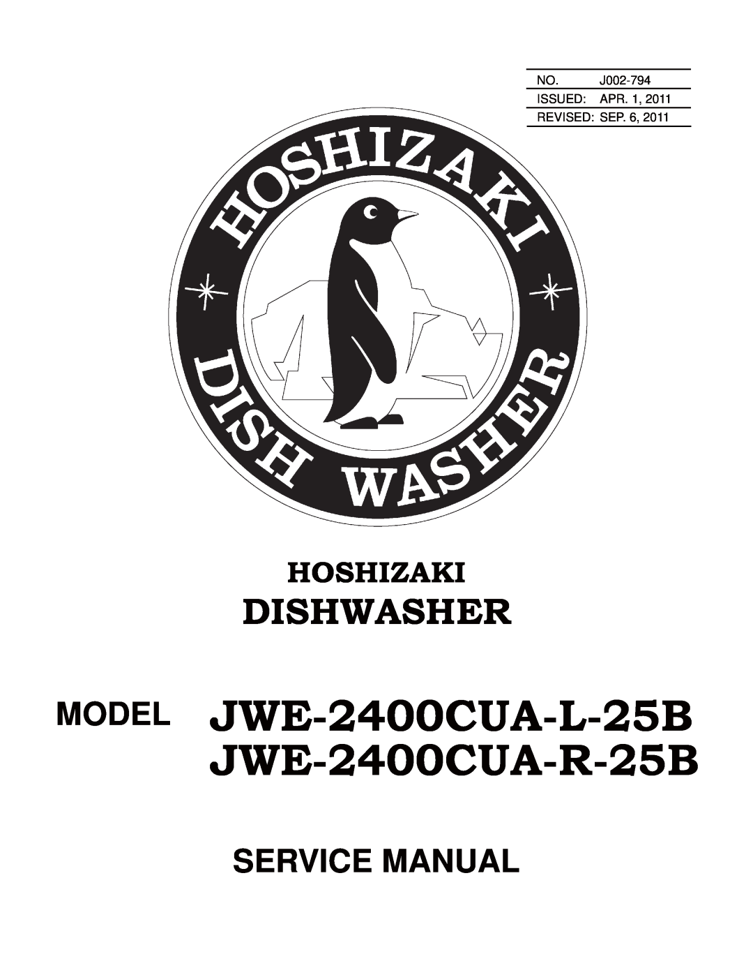 Hoshizaki manual Dishwasher Models, Parts List, JWE-2400CUA-L-25B JWE-2400CUA-R-25B 