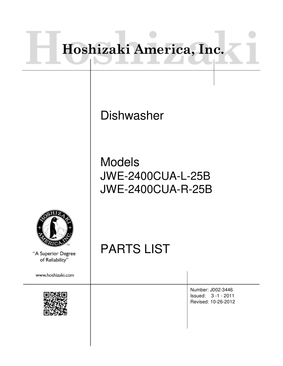 Hoshizaki manual Dishwasher Models, Parts List, JWE-2400CUA-L-25B JWE-2400CUA-R-25B 