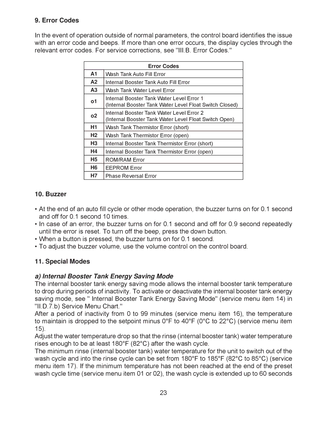 Hoshizaki JWE-620UA-6B service manual Error Codes, Buzzer, Special Modes, Internal Booster Tank Energy Saving Mode 