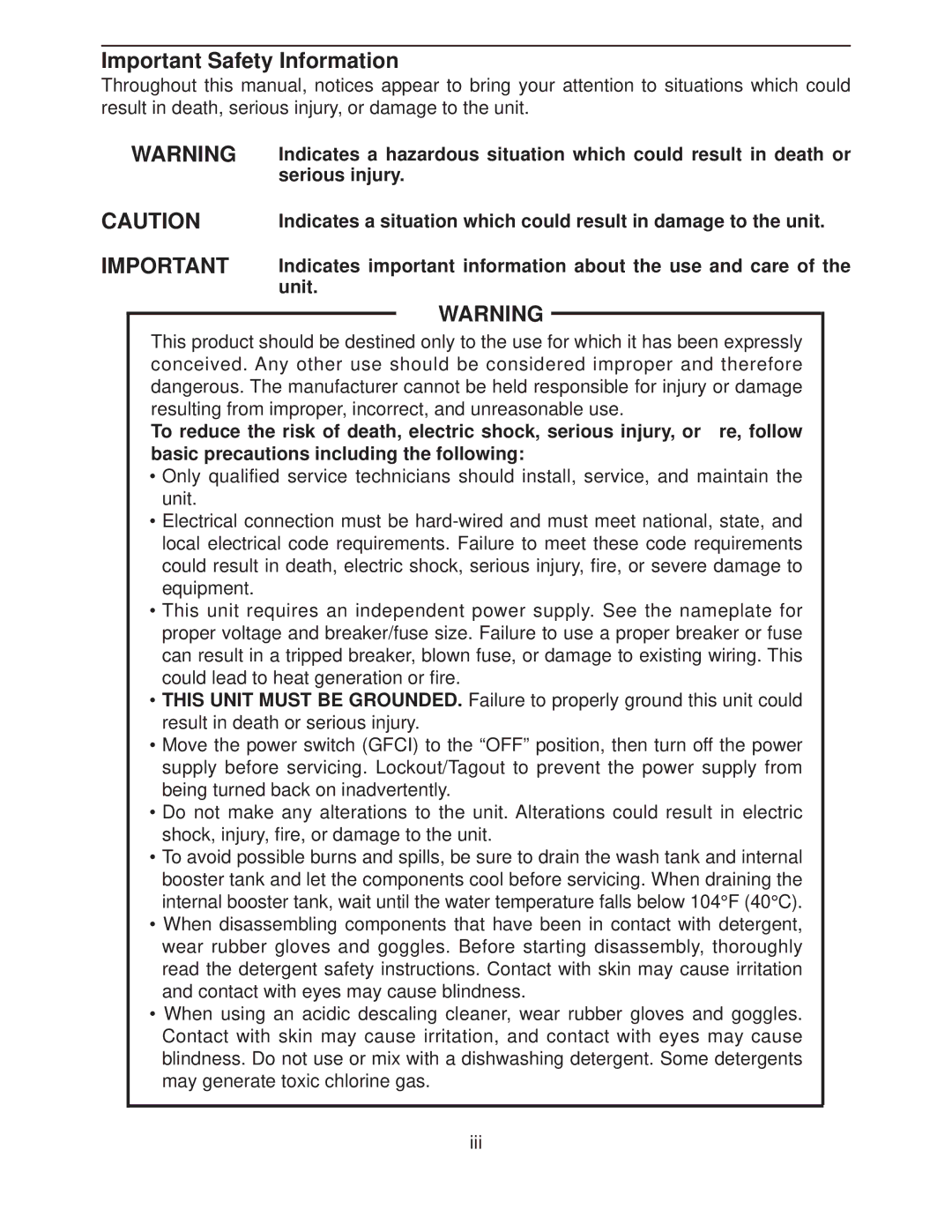 Hoshizaki JWE-620UA-6B service manual Important Safety Information 