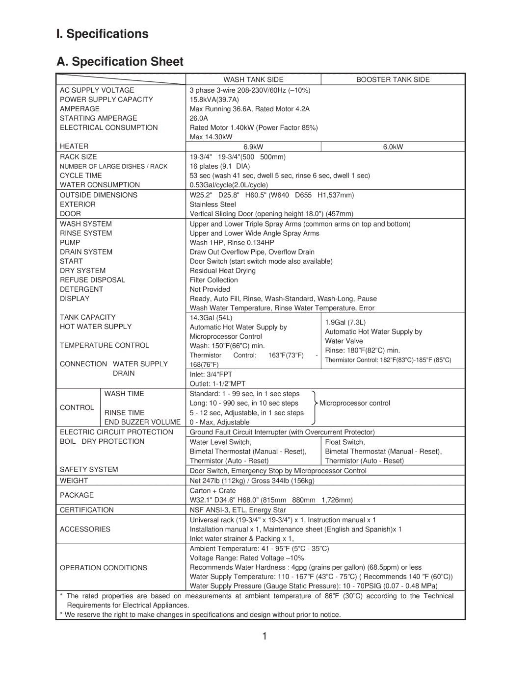 Hoshizaki JWE-620UA-6B service manual Speciﬁcations Speciﬁcation Sheet, Display 