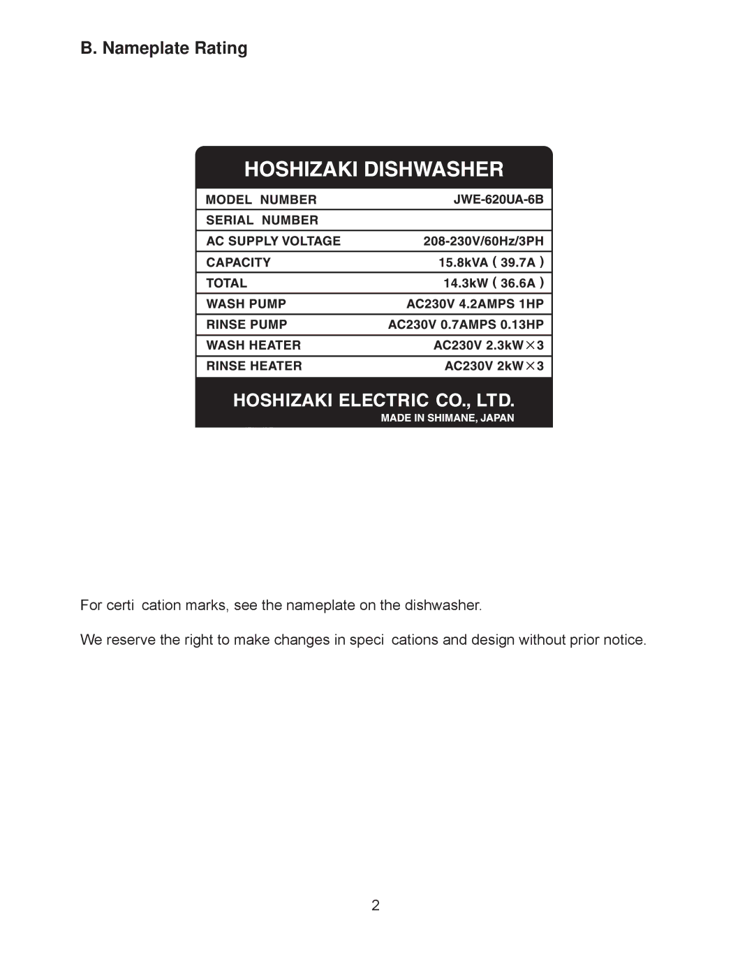 Hoshizaki JWE-620UA-6B service manual Nameplate Rating 