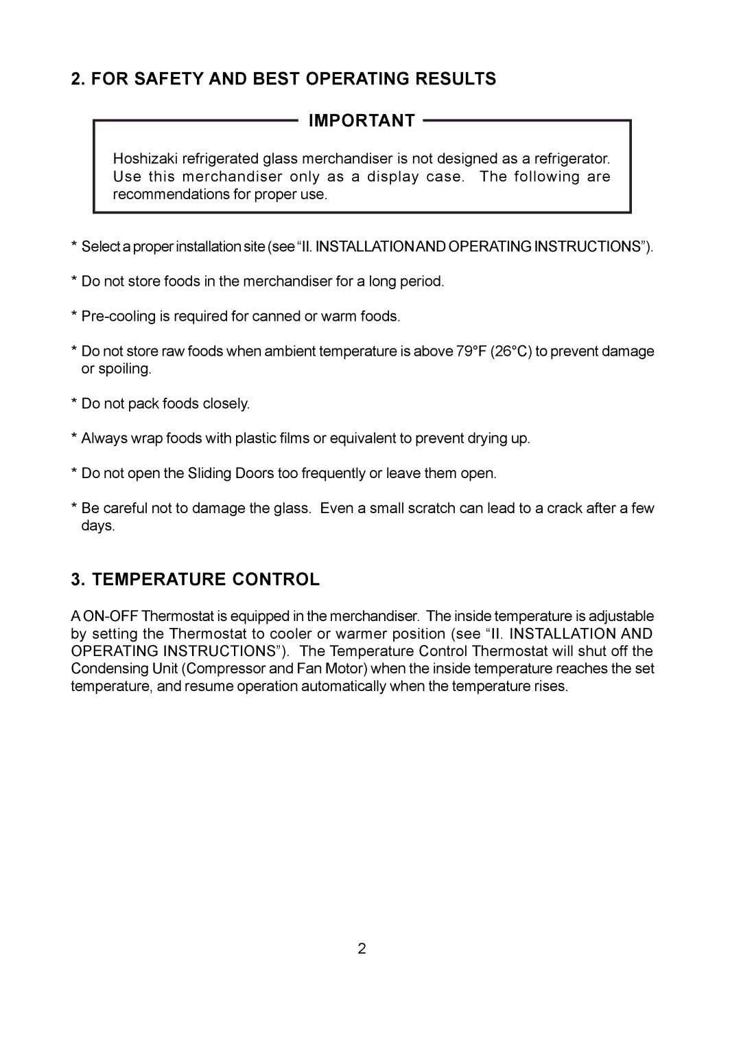 Hoshizaki KD-90D instruction manual For Safety and Best Operating Results, Temperature Control 