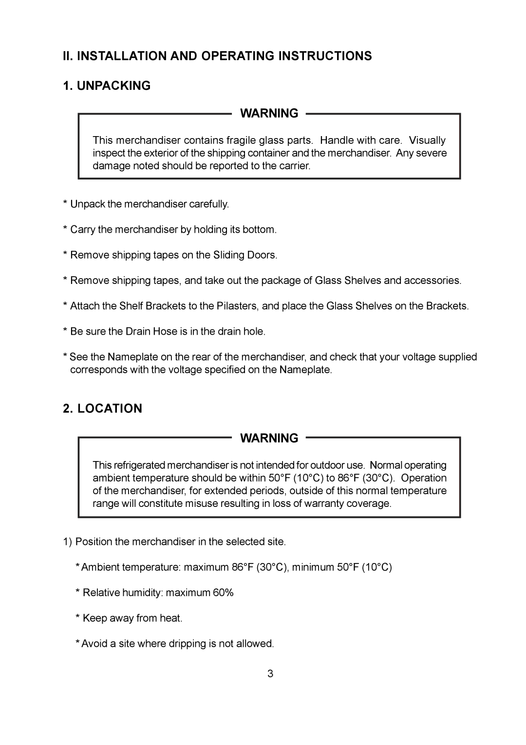 Hoshizaki KD-90D instruction manual II. Installation and Operating Instructions Unpacking, Location 