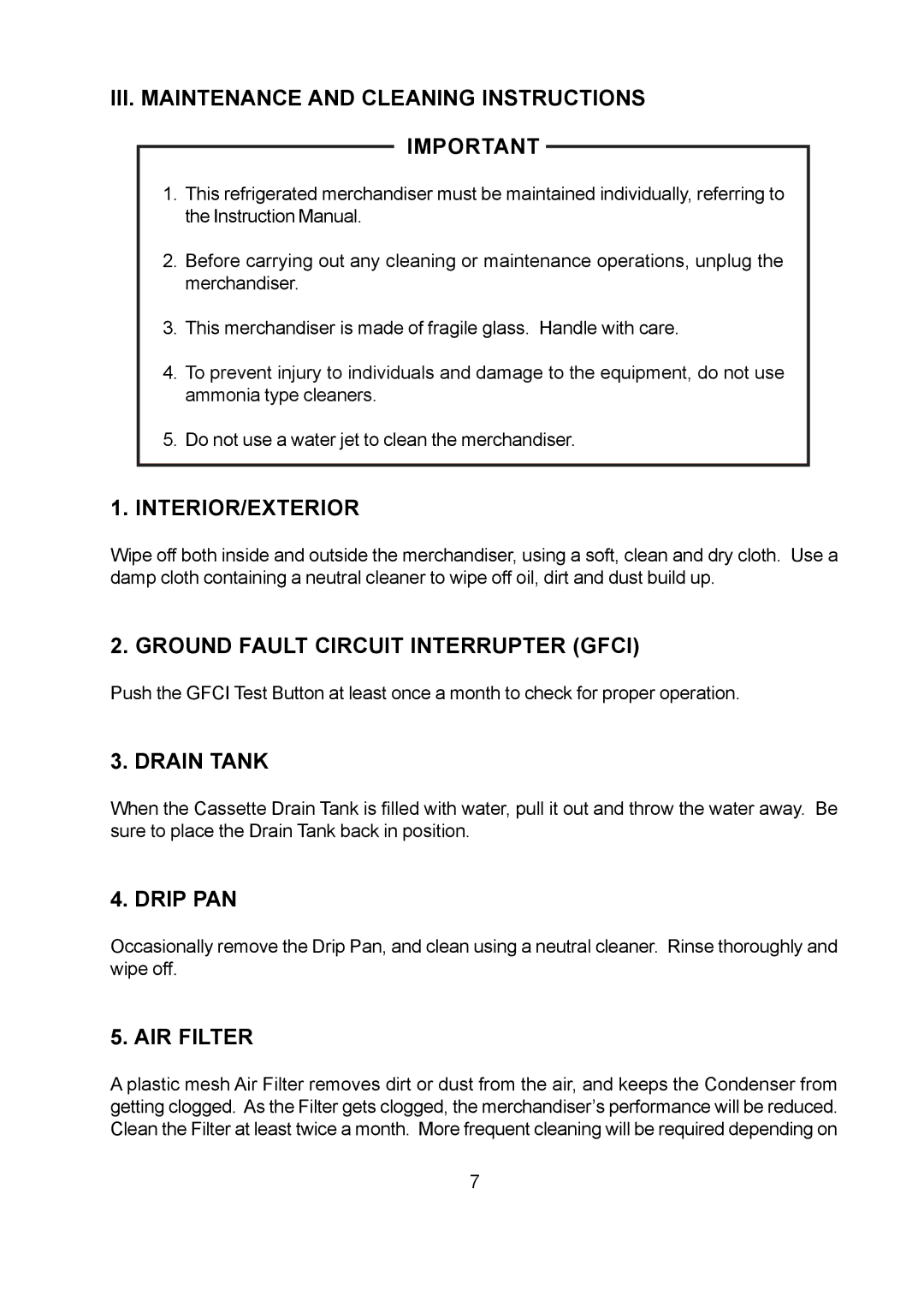 Hoshizaki KD-90D III. Maintenance and Cleaning Instructions Important, Interior/Exterior, Drain Tank, Drip PAN, AIR Filter 