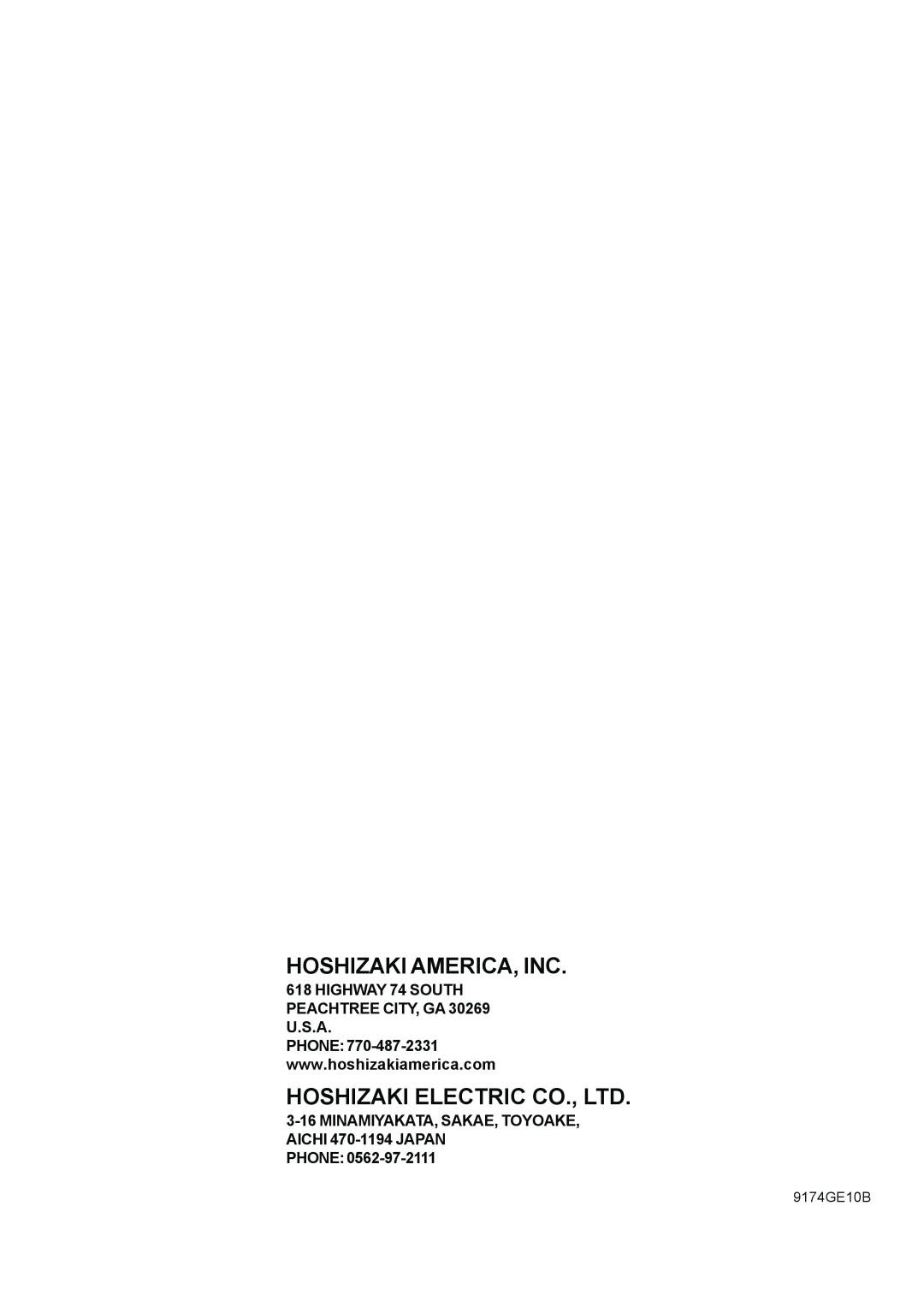 Hoshizaki KD-90D instruction manual Hoshizaki America, Inc, Phone, 9174GE10B 