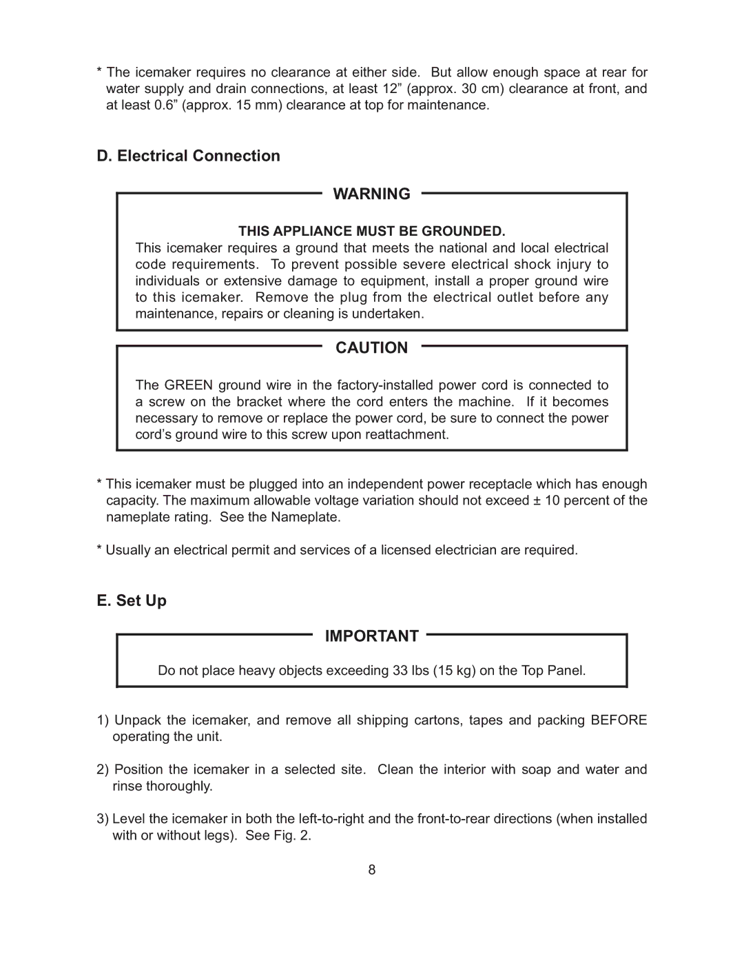 Hoshizaki KM-151BAH, KM-101BAH, KM-61BAH, KM-151BWH instruction manual Electrical Connection, Set Up 