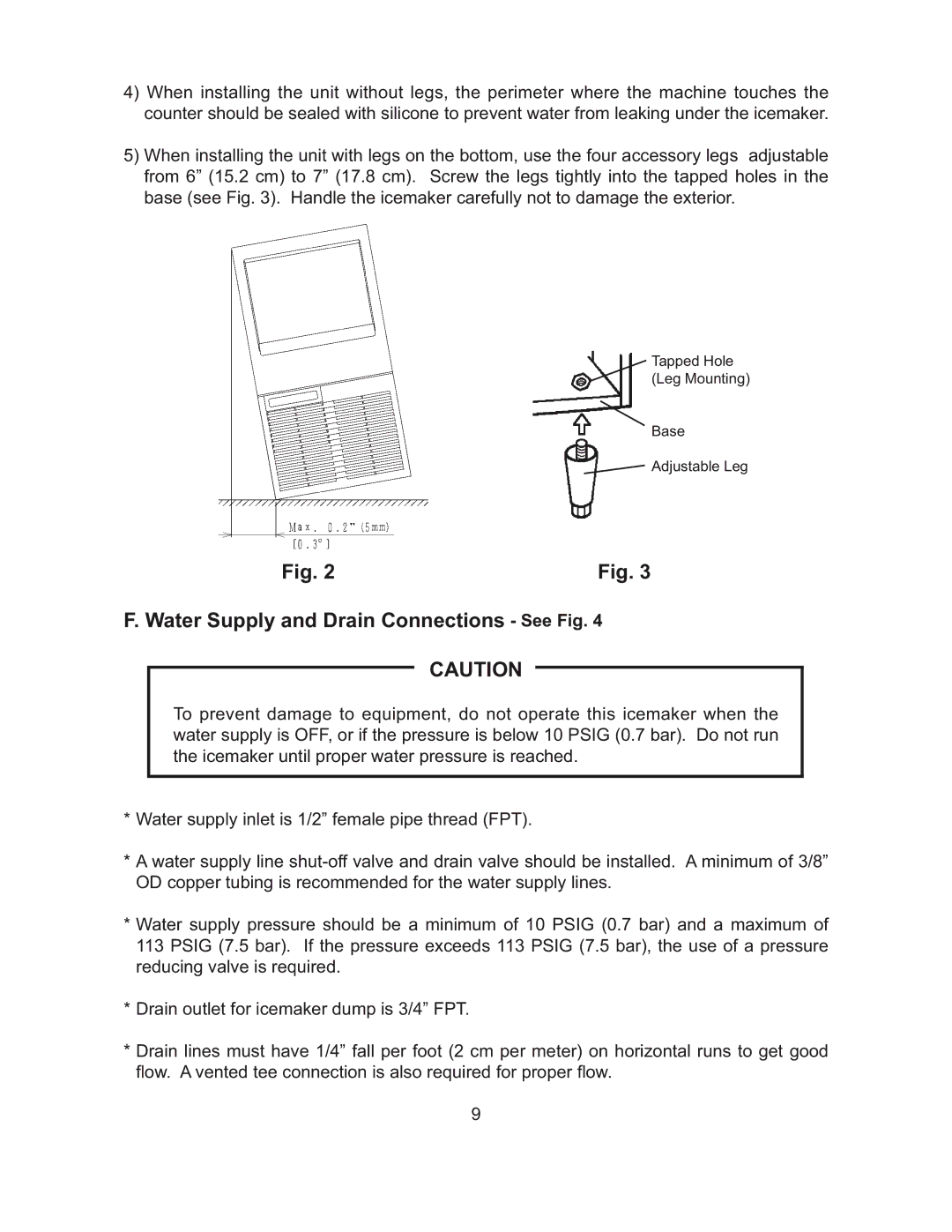 Hoshizaki KM-101BAH, KM-61BAH, KM-151BWH, KM-151BAH instruction manual Water Supply and Drain Connections See Fig 