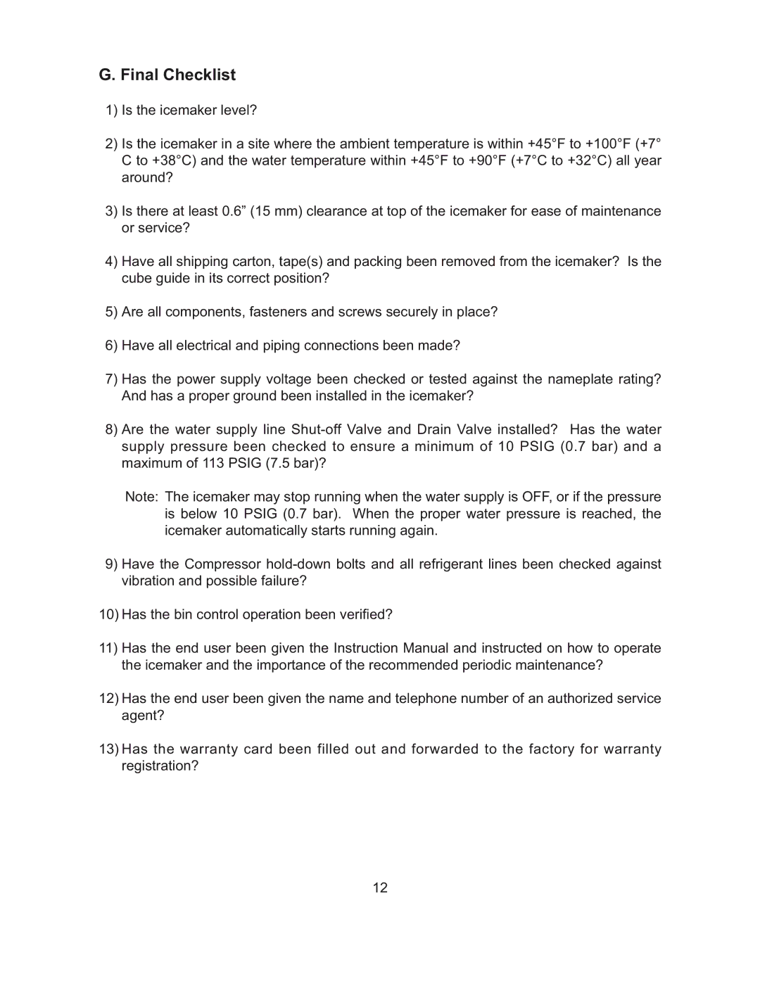 Hoshizaki KM-151BAH, KM-101BAH, KM-61BAH, KM-151BWH instruction manual Final Checklist 